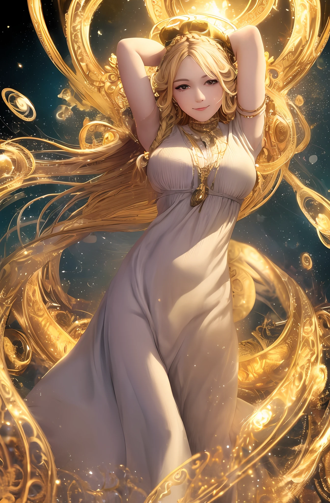 best quality, masterpiece, upper body,
(adult:1.6) hungarian woman, (smirk:0.4), arms behind head,
braided golden hair,
sparkling eyes,
victorian sundress,
floating light particles, centered,