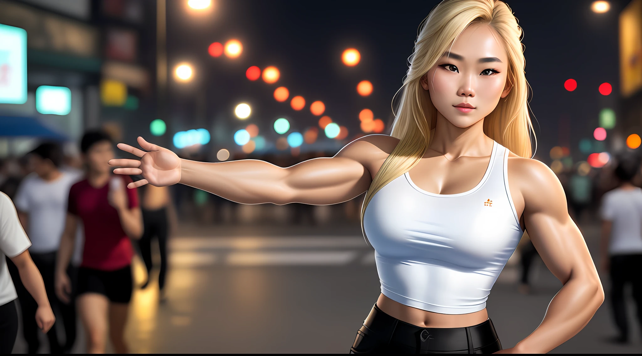 Beautiful young Thai woman with blond hair and a bodybuilder physique wearing a white top in a busy street at night, hyper realistic, photography, natural skin texture