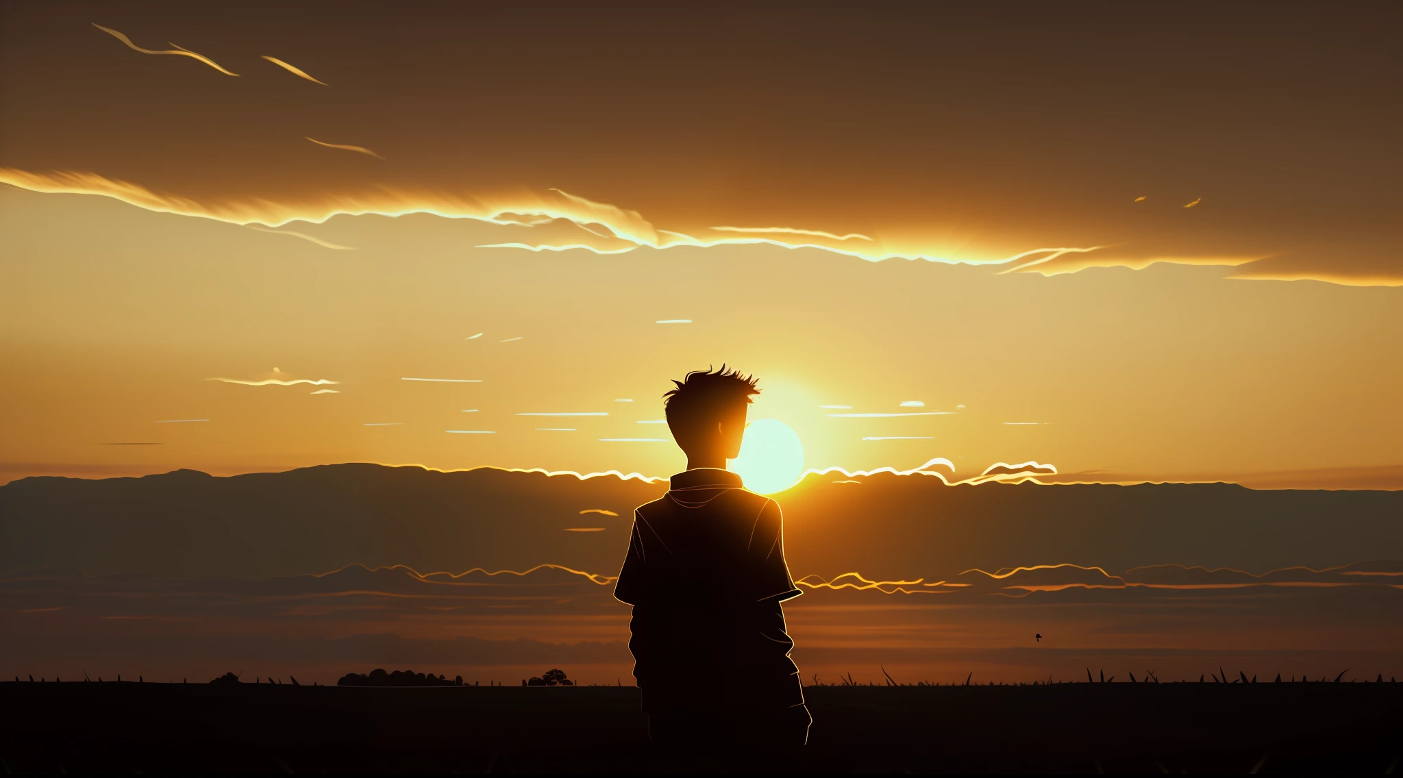 arafed silhouette of a person standing in a field at sunset, looking at sunset, with a sunset, sun behind him, with sunset, in the sunset, looking off into the sunset, silhouette over sunset, looking out at a sunset, during a sunset, at a beautiful sunset, it is sunset, silhouette of man, at the sunset, during golden hour