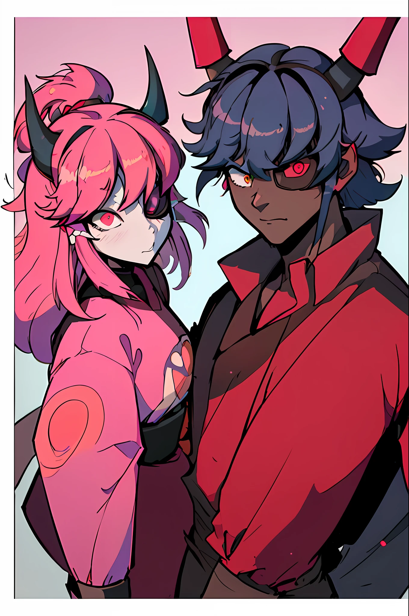 cartoon characters of a man and a woman with horns and devil horns, art in the style of joshy sly, portrait of a pink gang, cel - shaded art style, official fanart, cel shaded!!!, samurai pizza cats, high quality fanart, tyler jacobson style, in the art style of 8 0 s anime, friday night funkin, official fan art