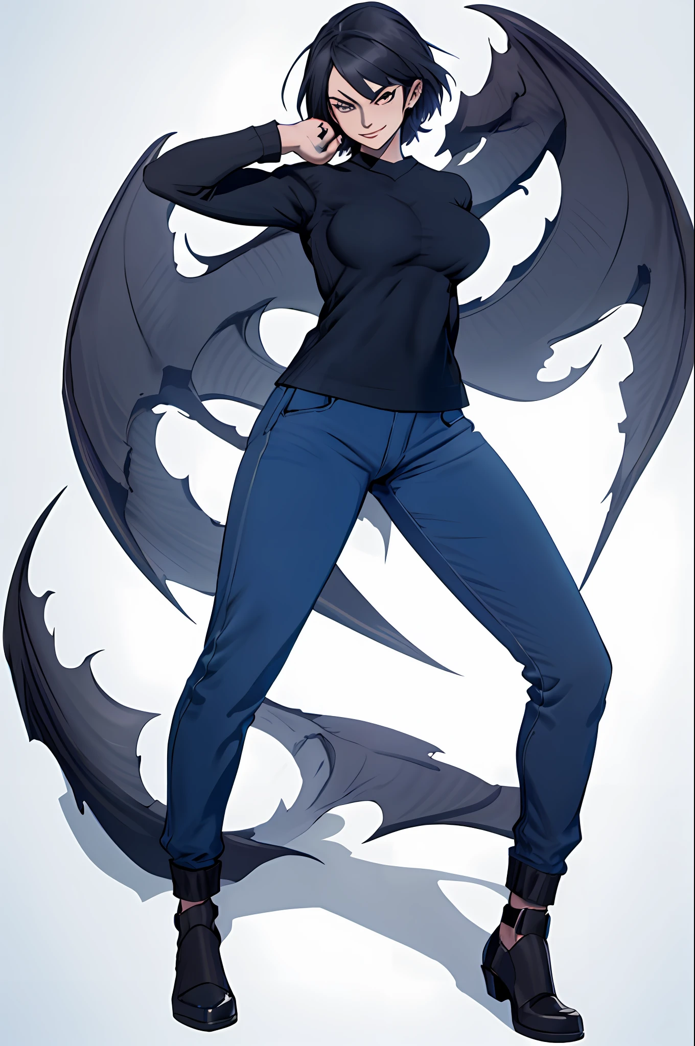 a cartoon image of a woman with a black shirt and blue pants, villain pose, single character full body, full body portrait of a short!, character is in her natural pose, full body!, hands behind her body pose!, threatening pose, cel - shaded art style, hero pose, cell shaded adult animation, casual pose, full body character portrait, evil standing smiling pose