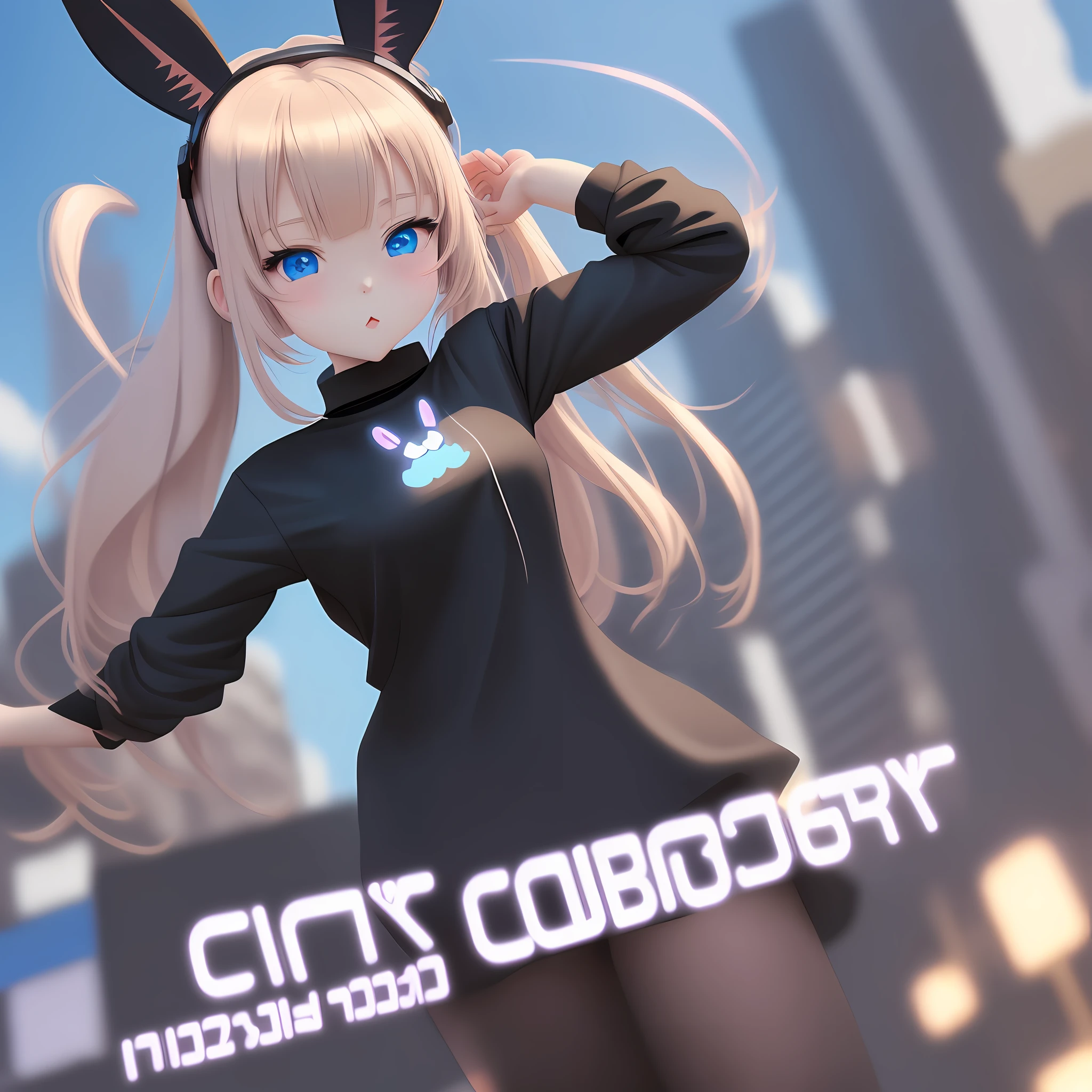 cartoon girl with bunny ears and blue eyes wearing a black shirt, with bunny ears, wearing cybernetic bunny ears, cel shaded!!!, with long floppy rabbit ears, cel - shaded art style, 2 d anime style, with big rabbit ears, original chibi bunny girl, vector shaded anime, cartoonish cute, bunny girl, bunny ears, rabbit ears, bunnypunk