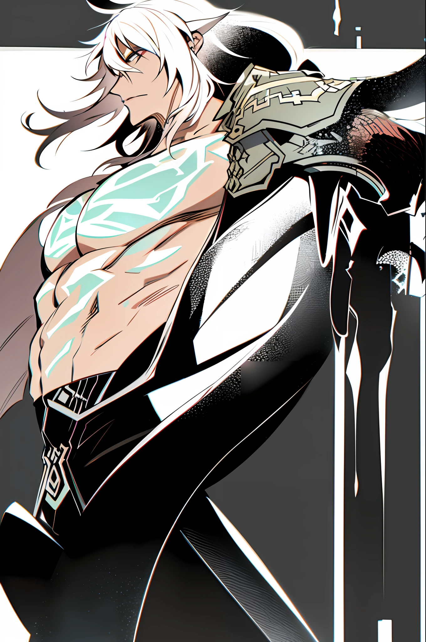1 boy, solo, masterpiece, shoulder love, long hair, red eyes, ab, white hair, bright green tattoo on chest, scar on neck, gun, cape, open clothes, holding sword, green scar on face, muscular, huge body, tie, musculous body