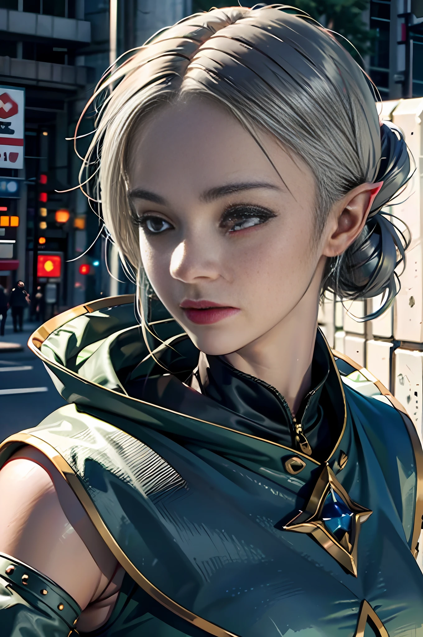 (Front Focus), (In the Dark: 1.6), A Woman Wearing Gorgeous Green Armor, Elves, Fantasy Art, Photo Realism, Dynamic Lighting, ArtStation, Poster, Volumetric Lighting, Very Detailed Faces, 4 K, Award-Awarded, 1girl, In the Dark, Deep Shadow, Low Key, Cowboy Shot, (Official Uniform: 1.4), Long Hair, Gray Hair