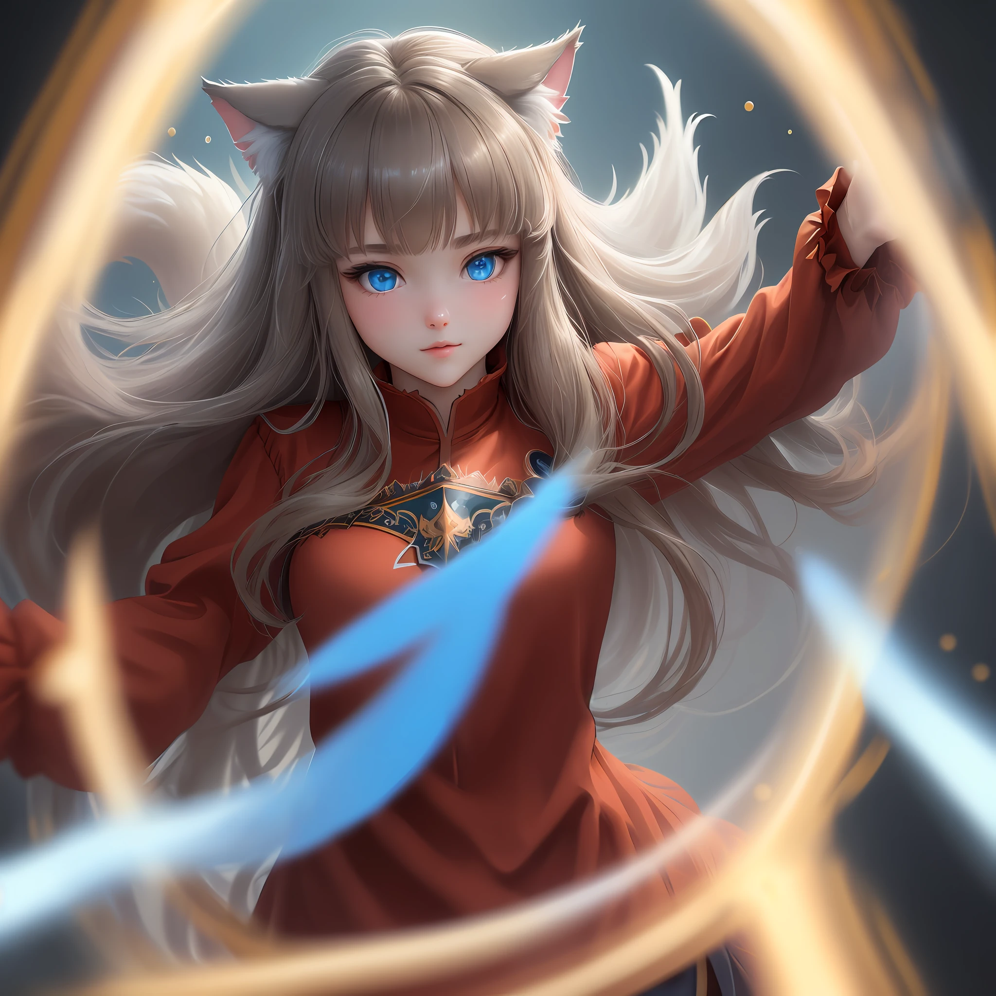 (masterpiece: 1.2, best quality), (finely detailed beautiful eyes: 1.2), (extremely detailed CG unit 8k wallpaper, masterpiece, best quality, ultra-detailed, best shadow), (detailed background), (beautiful detailed face, beautiful detailed eyes), High contrast, (best lighting, an extremely delicate and beautiful),1girl,((splashes of colored paint on transparent background, dulux,)), ((caustic)), dynamic angle, beautiful detailed brightness, whole body, Wolf girl, with long brown hair, blue eyes, red shirt causes gray, tail and light blue ears
