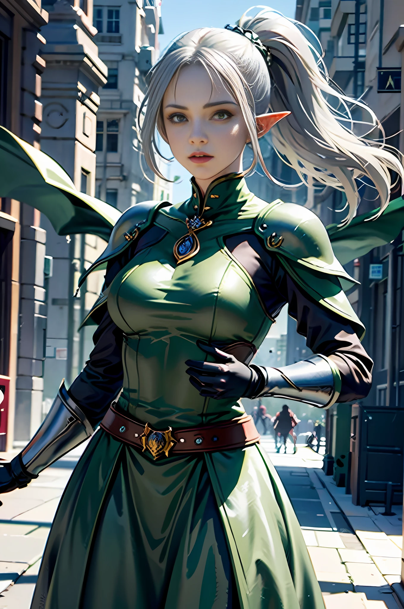 (Front Focus), (In the Dark: 1.6), A Woman Wearing Gorgeous Green Armor, Elves, Fantasy Art, Photo Realism, Dynamic Lighting, ArtStation, Poster, Volumetric Lighting, Very Detailed Faces, 4 K, Award-Awarded, 1girl, In the Dark, Deep Shadow, Low Key, Cowboy Shot, (Official Uniform: 1.4), Long Hair, Gray Hair