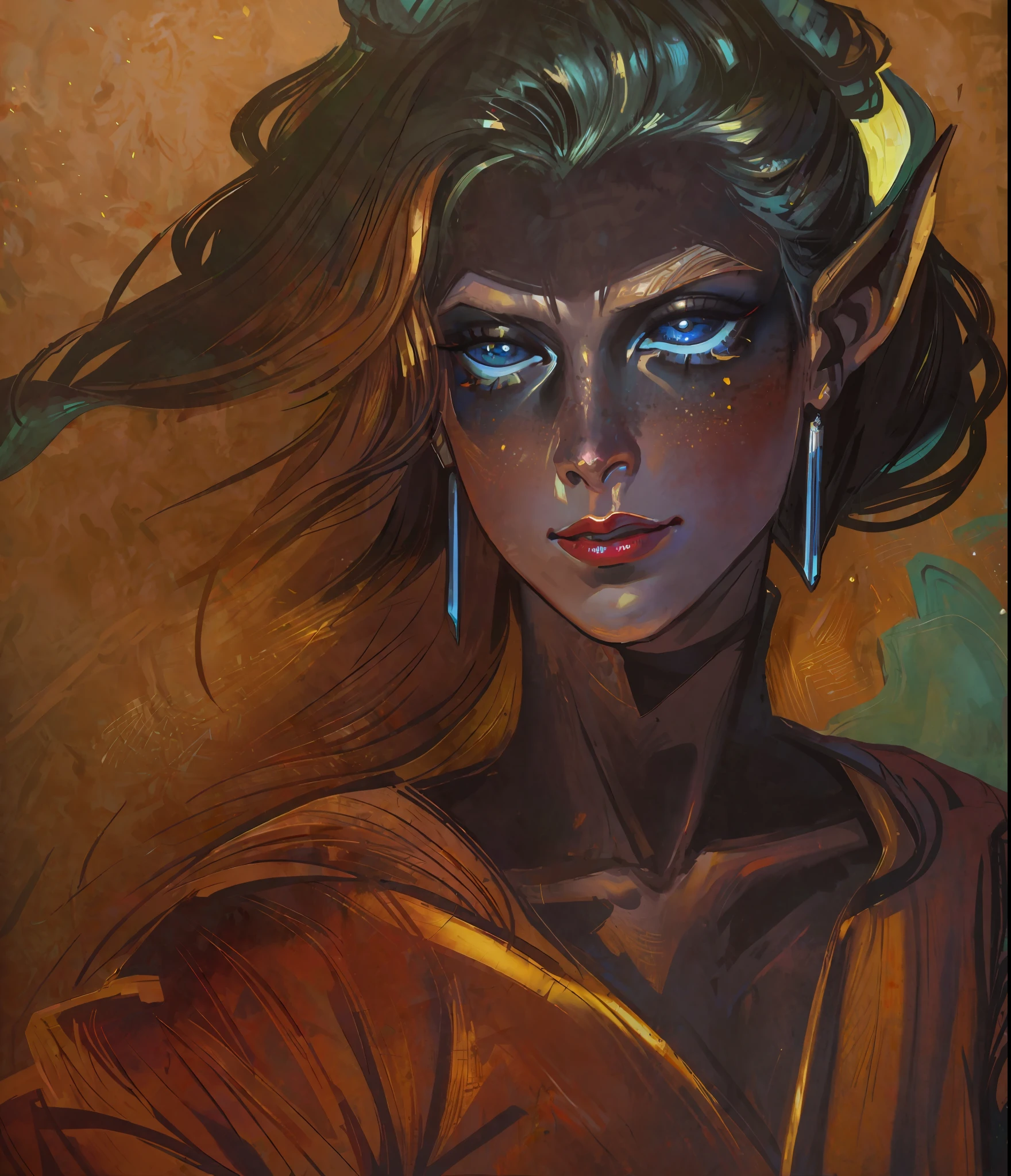 hyper detailed gouache style painting, realistic portrait of gorgeous Tiefling, hyper realistic textures, 8k, best quality, masterpiece, smooth shadows, correct anathomy, expressive painting, obscure details, dark magic