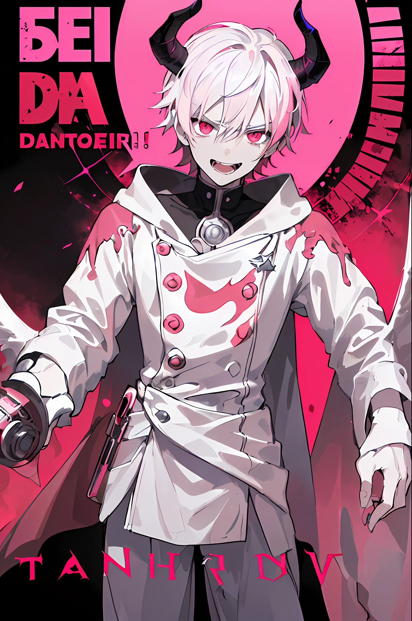 ((((dramatic))), (((brave))), (((intense))) movie poster featuring a young white demon with flaming horns who wears a pink cap and sweatshirt and has a wide smile with pointed teeth and completely white eyes as the central character. He stands confidently in the center of the poster, with a determined expression on his face. The background is dark and brave, with a sense of danger and intensity. The text is bold and eye-catching, with a catchy slogan that adds to the overall sense of drama and emotion. The color palette is mostly dark with pink color splashes, giving the poster a dynamic and visually stunning appearance, tachi-e (magazine: 1.3), (cover style: 1.3), elegant, male white demon, vibrant, clothing, posing, front, colorful, dynamic, background, elements, confident, expression, holding, statement, accessory, majestic, rolled, around, touch, scene, text, cover, bold, catches,  title, fashionable, font, catchy, headline, bigger, impressive, modern, focus, fashion,
