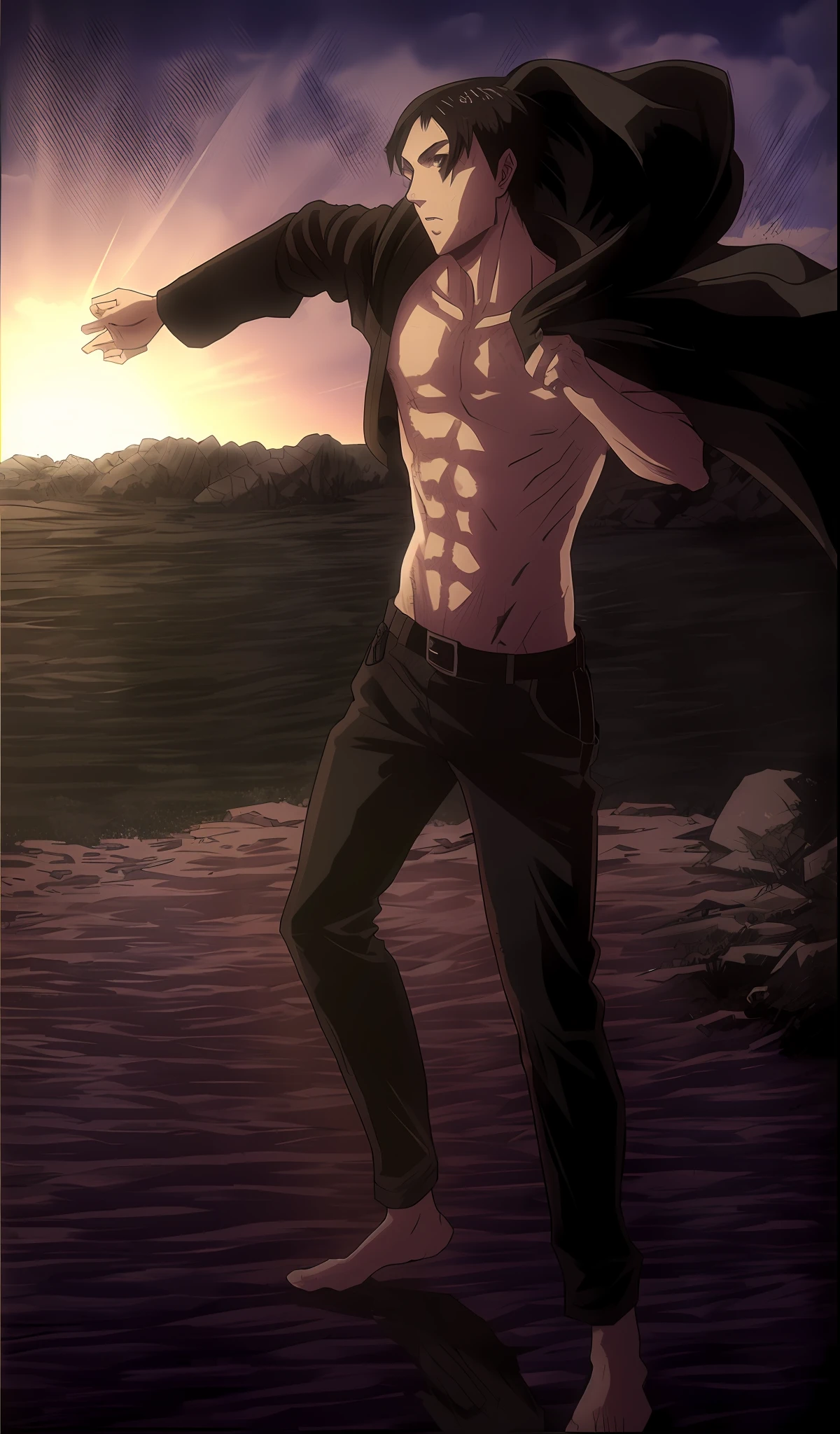 best quality, masterpiece, (realistic: 1.2), 1 man, Eren Jaeger, black jeans, black pants, brown hair, attack on Titan, cold background, black jacket, slim body, high definition, high quality, black clothes