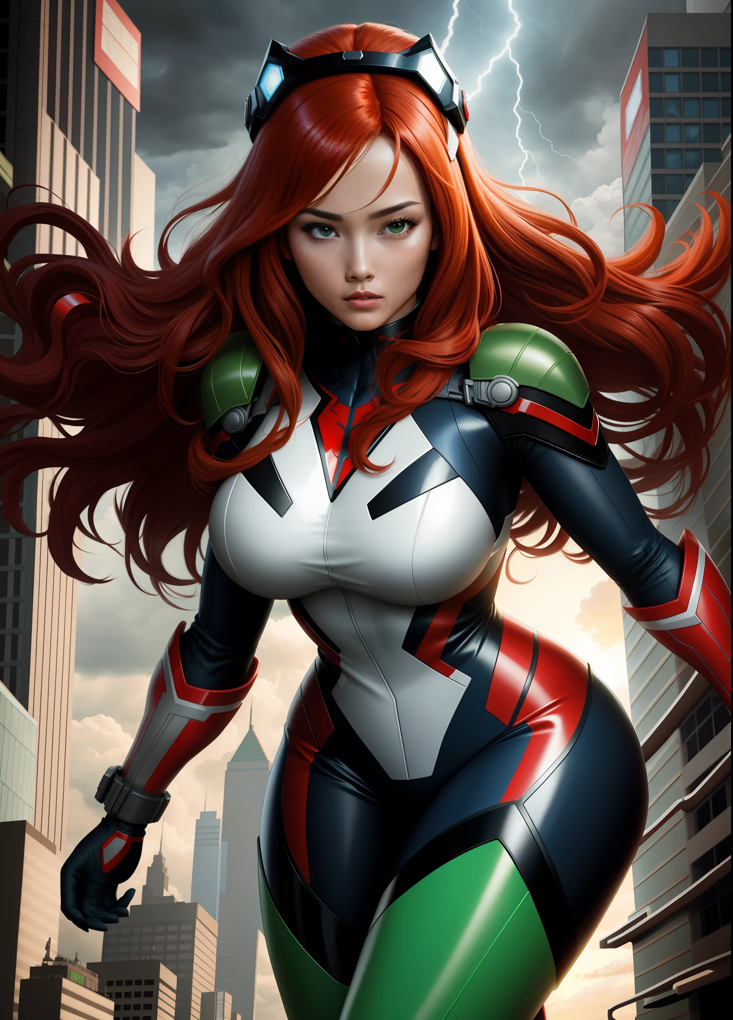 1 Woman with Kamen Rider/Ultraman/Spiderman costume, Gigantic Breasts, (long red hair down to her knees, movement in the wind) and (green eyes), helmet on her head, looking at the viewer, well defined and uniform body, she you are in a futuristic city with a strong storm at night with thunder, your body is all wet, Unreal Engine 5, Tokusatsu, Marvel, masterpiece, 16k, award winning, best quality, high details, textured skin, UHD, masterpiece, anatomically correct