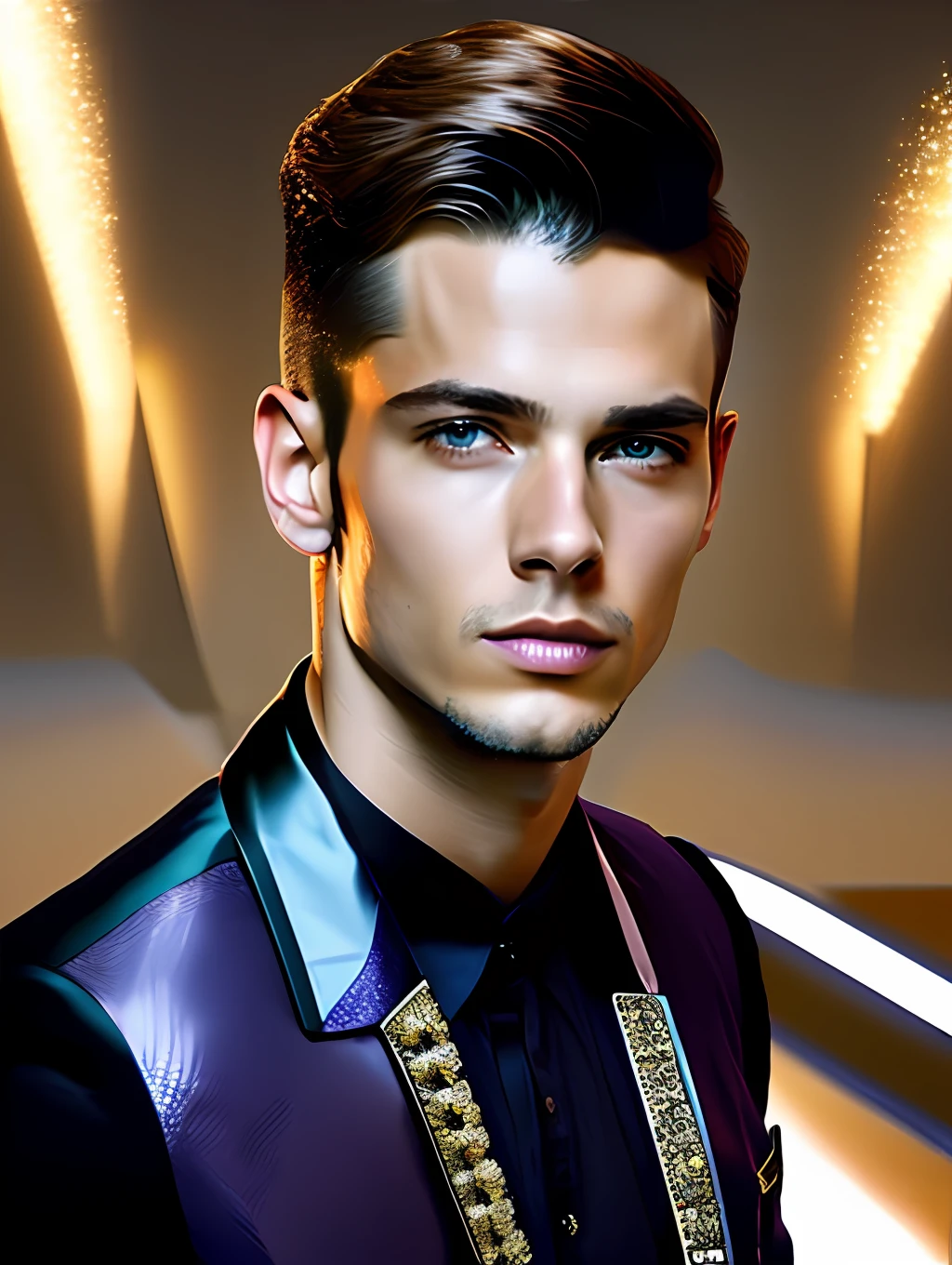 a hyper realistic ultra detailed photograph of a handsome male supermodel walking down a runway at a Giorgio Armani Fashion Show, stunningly handsome fitted young manin very high slit shiny material classic suits, spotlight, detailed symmetric beautiful hazel eyes, haute couture, masculine and handsome face, trending on cg society, official Armani editorial, moonlight, medium symmetry, behance contest winner, portrait featured on unsplash, stylized digital art, smooth, ultra high definition, 8k, unreal engine 5, ultra sharp focus, award-winning photograph, Canon EOS 5D Mark IV DSLR, f/8, ISO 100, 1/250 second, TanvirTamim, trending on artstation, by artgerm, h. r. giger and beksinski, highly detailed, vibrant