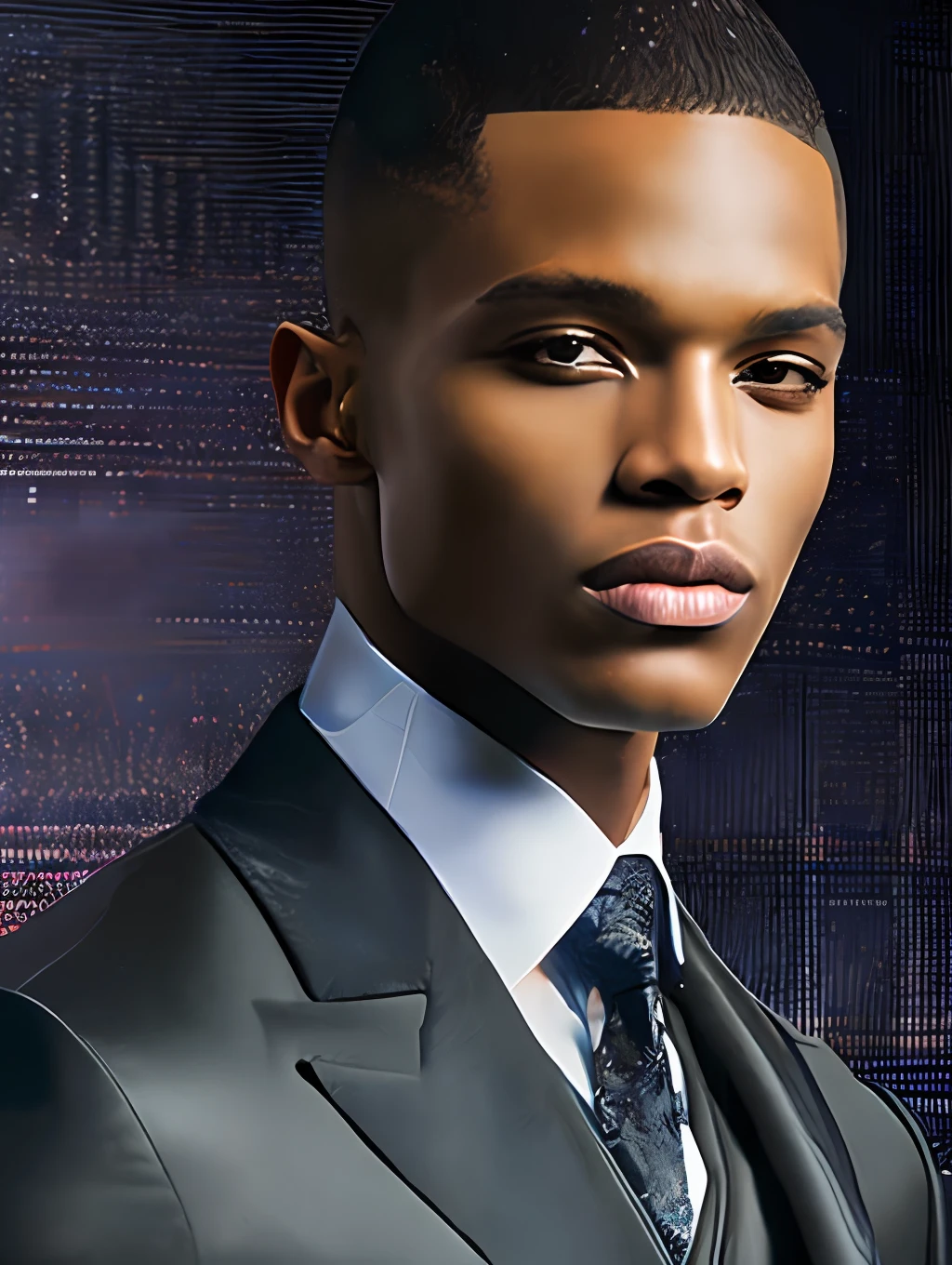 a hyper realistic ultra detailed photograph of a handsome male supermodel walking down a runway at a Giorgio Armani Fashion Show, stunningly handsome fitted young manin very high slit shiny material classic suits, spotlight, detailed symmetric beautiful hazel eyes, haute couture, masculine and handsome face, trending on cg society, official Armani editorial, moonlight, medium symmetry, behance contest winner, portrait featured on unsplash, stylized digital art, smooth, ultra high definition, 8k, unreal engine 5, ultra sharp focus, award-winning photograph, Canon EOS 5D Mark IV DSLR, f/8, ISO 100, 1/250 second, TanvirTamim, trending on artstation, by artgerm, h. r. giger and beksinski, highly detailed, vibrant