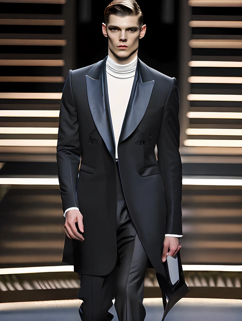 a hyper realistic ultra detailed photograph of a handsome male supermodel walking down a runway at a Giorgio Armani Fashion Show, stunningly handsome fitted young manin very high slit shiny material classic suits, spotlight, detailed symmetric beautiful hazel eyes, haute couture, masculine and handsome face, trending on cg society, official Armani editorial, moonlight, medium symmetry, behance contest winner, portrait featured on unsplash, stylized digital art, smooth, ultra high definition, 8k, unreal engine 5, ultra sharp focus, award-winning photograph, Canon EOS 5D Mark IV DSLR, f/8, ISO 100, 1/250 second, TanvirTamim, trending on artstation, by artgerm, h. r. giger and beksinski, highly detailed, vibrant