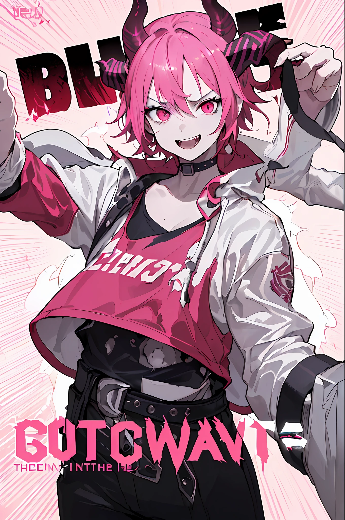 ((((dramatic))), (((brave))), (((intense))) movie poster featuring a young white demon with flaming horns who wears a pink cap and sweatshirt and has a wide smile with pointed teeth and completely white eyes as the central character. He stands confidently in the center of the poster, wearing a style and bold outfit, with a determined expression on his face. The background is dark and brave, with a sense of danger and intensity. The text is bold and eye-catching, with a catchy slogan that adds to the overall sense of drama and emotion. The color palette is mostly dark with splashes of vibrant pink colors, giving the poster a dynamic and visually stunning appearance, tachi-e (magazine: 1.3), (cover style: 1.3), elegant, man, vibrant, clothing, posing, front, colorful, dynamic, background, elements, confident, expression, holding, statement, accessory, majestic, rolled, around, touch, scene, text, cover, bold, catches the eye,  title, fashionable, font, captivating, headline, bigger, impressive, modern, modern, focus, fashion,