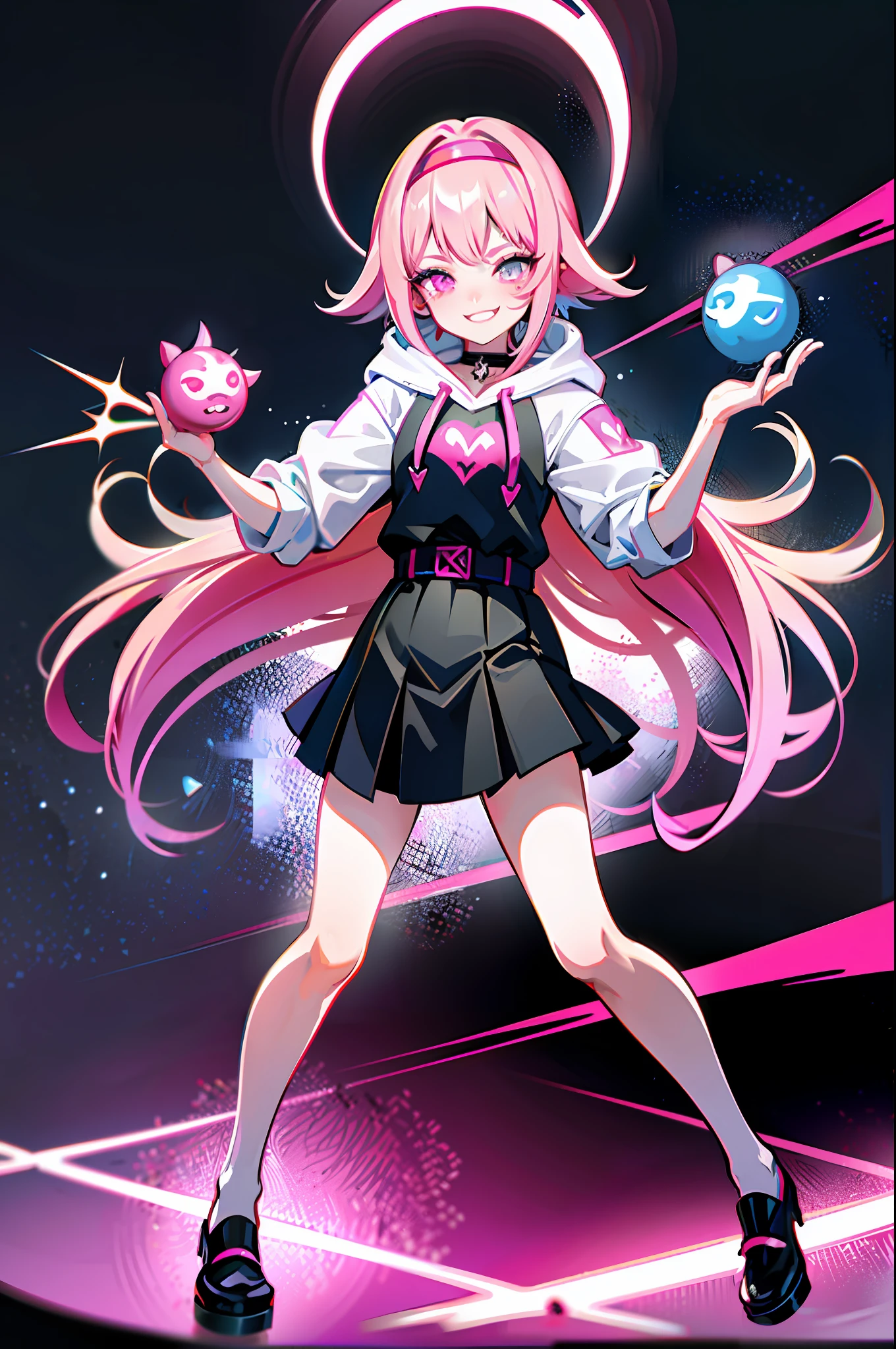 (masterpiece, top quality, best quality), pixel, pixel art, man with a pink hoodie and a horned headband, pink iconic character, artstyle anime trigger, [[[Grinning evily]]]], Weirdcore voidpunk fursona, Unknown Artstyle, Bladee from Drain Gang, darksynth character portrait, crazy smile, ((Zerator)), nefarious smile, full body,