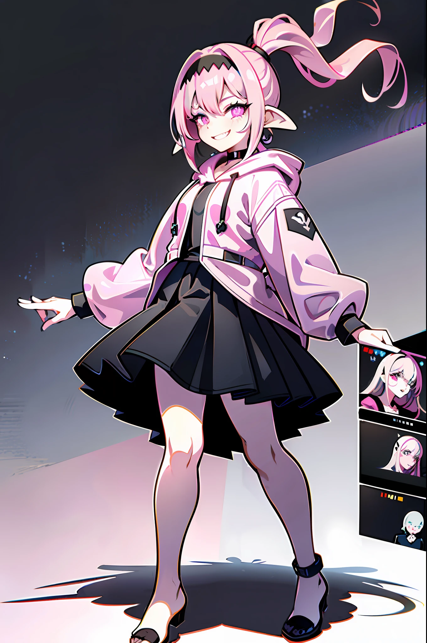 (masterpiece, top quality, best quality), pixel, pixel art, man with a pink hoodie and a horned headband, pink iconic character, artstyle anime trigger, [[[Grinning evily]]]], Weirdcore voidpunk fursona, Unknown Artstyle, Bladee from Drain Gang, darksynth character portrait, crazy smile, ((Zerator)), nefarious smile, full body,