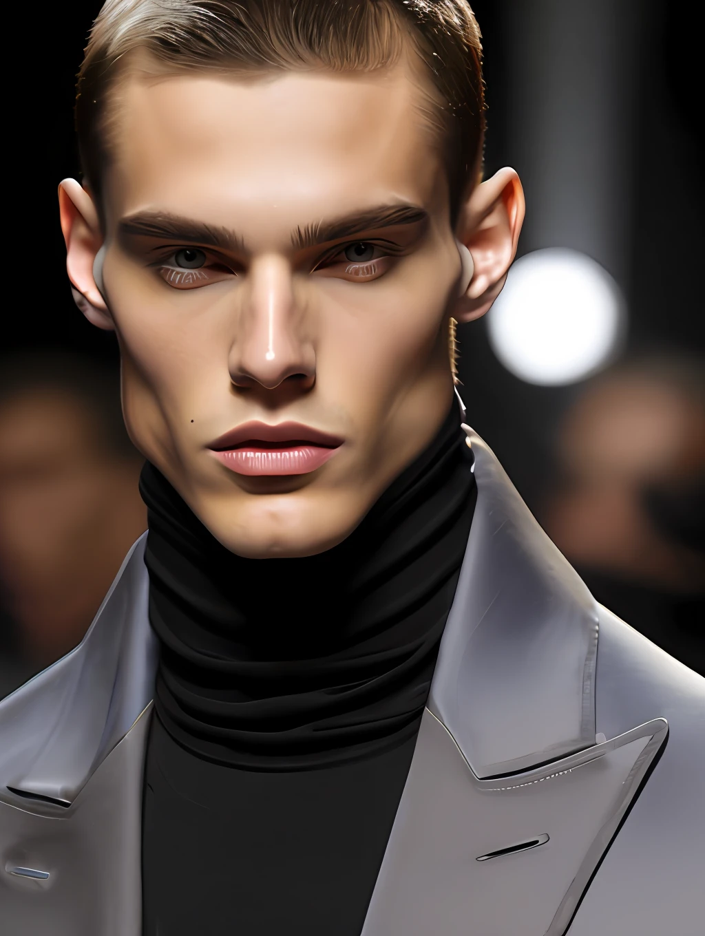 a hyper realistic ultra detailed photograph of a handsome male supermodel walking down a runway at a Giorgio Armani Fashion Show, stunningly handsome fitted young manin very high slit shiny material casual clothing, spotlight, detailed symmetric beautiful hazel eyes, casual clothing, masculine and handsome face, trending on cg society, official Armani editorial, moonlight, medium symmetry, behance contest winner, portrait featured on unsplash, stylized digital art, smooth, ultra high definition, 8k, unreal engine 5, ultra sharp focus, award-winning photograph, Canon EOS 5D Mark IV DSLR, f/8, ISO 100, 1/250 second, TanvirTamim, trending on artstation, by artgerm, h. r. giger and beksinski, highly detailed, vibrant