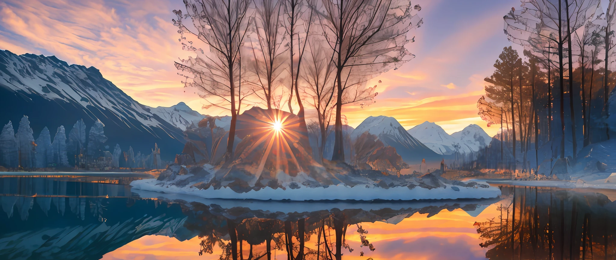 The sun shines on crystal glass against the background of the sea and mountains