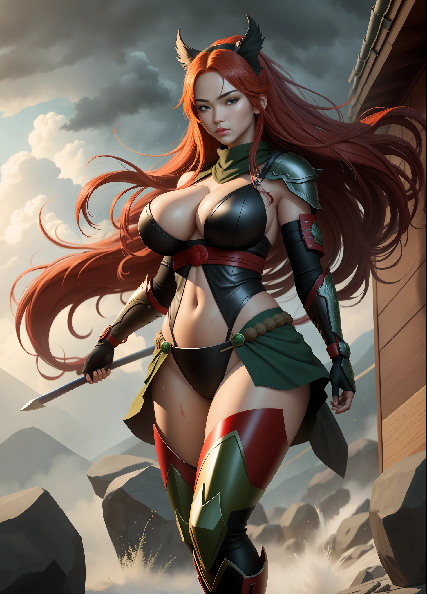 Create a full body image of 1 Female ninja costume, Gigantic Breasts, (long red hair, movement in the wind) and (green eyes), Oni mask on face, looking at viewer, well defined and even body, she is in a Japanese battlefield of the Ninja feudal perild, raining heavily with thunder, her body is all wet, Unreal Engine 5, Tokusatsu, masterpiece, 16k, award winning, best quality, high details, textured skin, UHD, masterpiece, anatomically correct