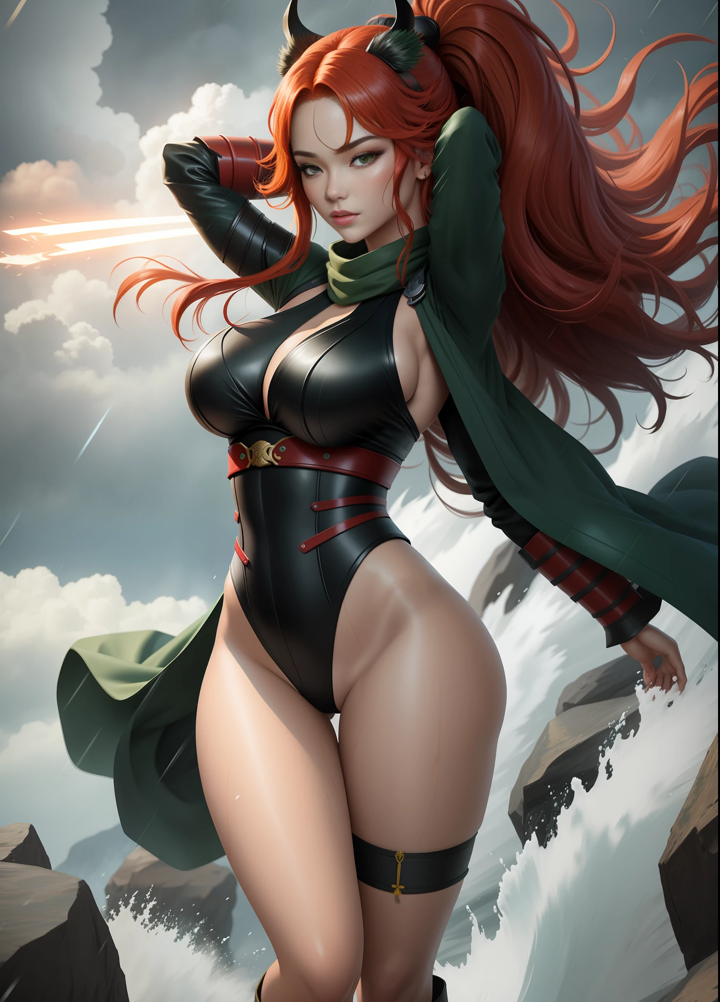 Create a full body image of 1 Female ninja costume, Gigantic Breasts, (long red hair, movement in the wind) and (green eyes), Oni mask on face, looking at viewer, well defined and even body, she is in a Japanese battlefield of the Ninja feudal perild, raining heavily with thunder, her body is all wet, Unreal Engine 5, Tokusatsu, masterpiece, 16k, award winning, best quality, high details, textured skin, UHD, masterpiece, anatomically correct