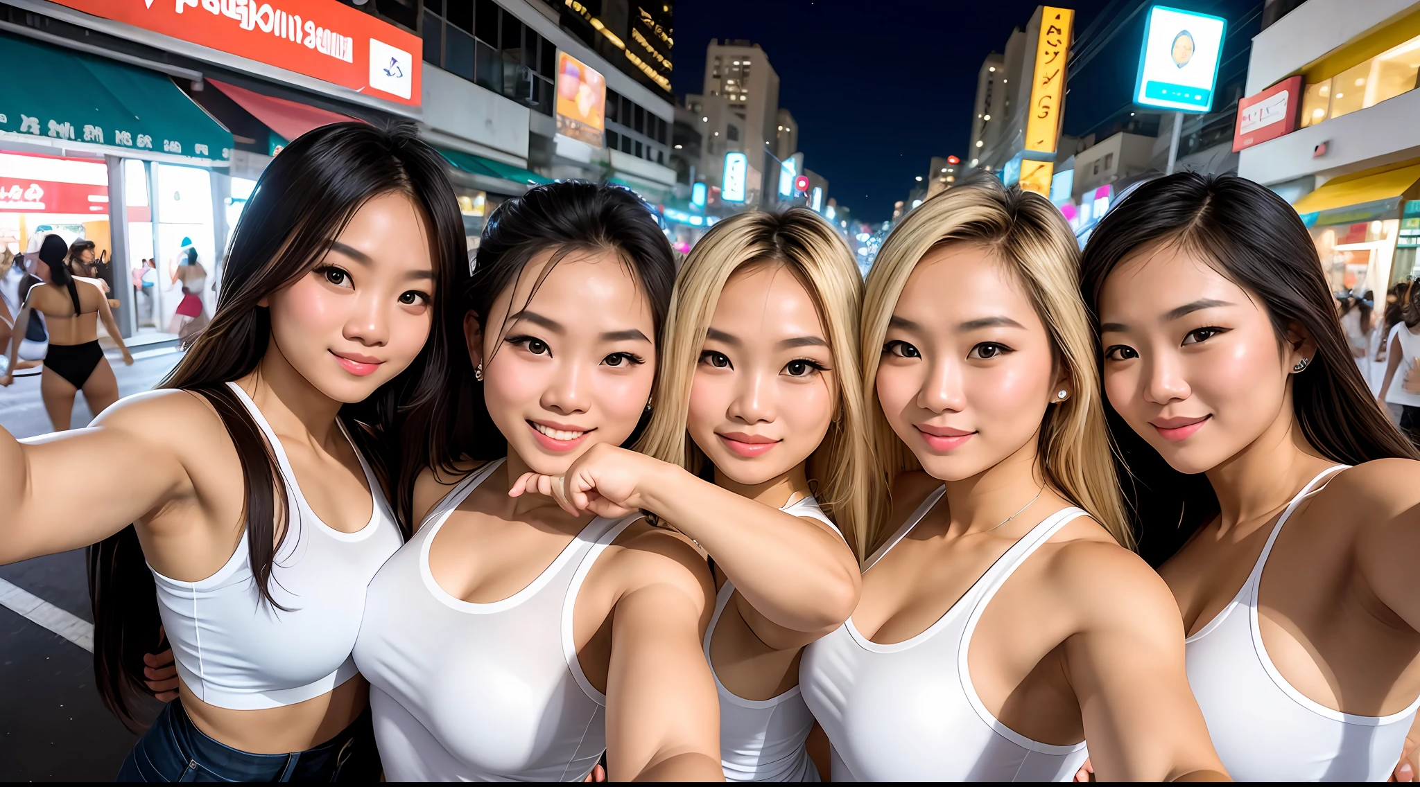 5 Beautiful young Thai women with blond hair and a bodybuilder physique wearing white top in a busy street at night, taking selfie