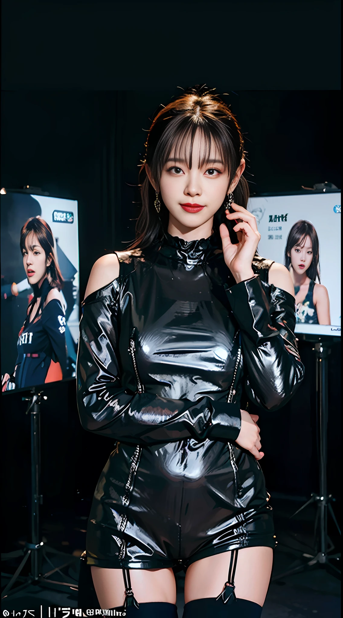 (8K, RAW Photos, Best Quality, Masterpiece: 1.2), (Realistic, Photorealistic: 1.37), (aegyo sal: 1), Cute, Sexy, Fumina Suzuki, Professional Lighting, Photon Mapping, Radiosity, Physically Based Rendering, Cosplay, Garter Pantyhose, Lucy (Cyberpunk), Bob Kat, Big Heart Earrings, Mechanical Parts, Grey Eye, Black Tight Suit, Night, Neon Light, Sexy, Smoke, Watch Viewer, 8K High Definition, 8K, CG Wallpaper, Realistic Background, Clear Background, Medium, Full Body, Quadrant, Atoms Afa, Lens Flare, Full Body,