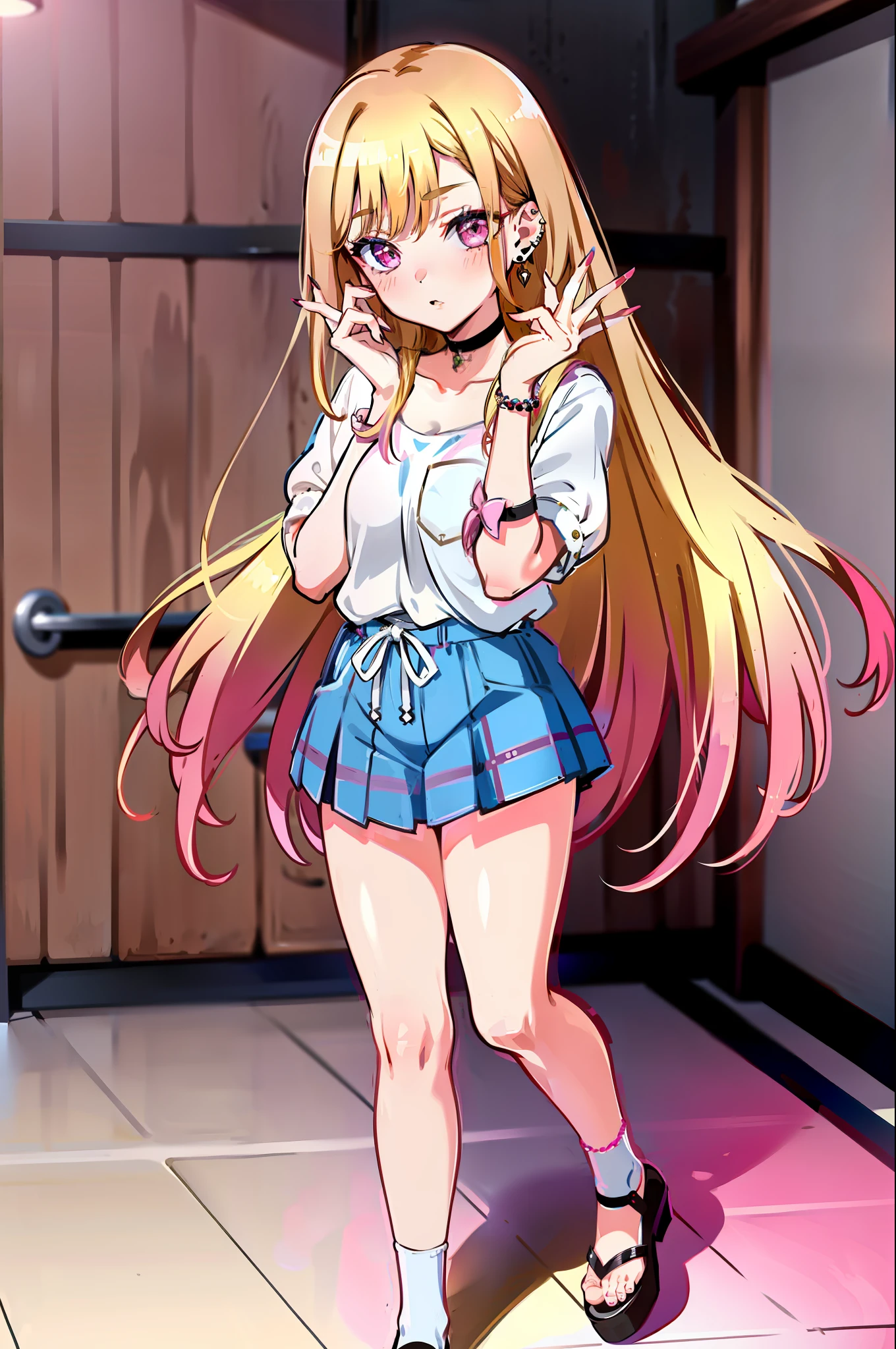 1girl,  Marin Kitagawa, long hair, blonde hair, pink eyes, piercing, earrings, ear piercing, stud earrings, black choker,  bead bracelet, wrist scrunchie, long fingernails, gyaru, shy, white toe socks, clogs,, (masterpiece:1.2), highres, best quality, 8k, very clear, kitagawa marin,