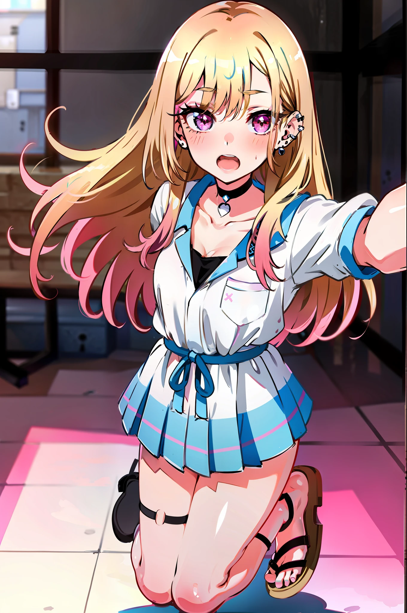 1girl, Marin Kitagawa, long hair, blonde hair, pink eyes, piercing, earrings, ear piercing, stud earrings, black choker, bead bracelet, wrist scrunchie, long fingernails, gyaru, shy, white toe socks, clogs,, (masterpiece:1.2), highres, best quality, 8k, very clear, kitagawa marin,