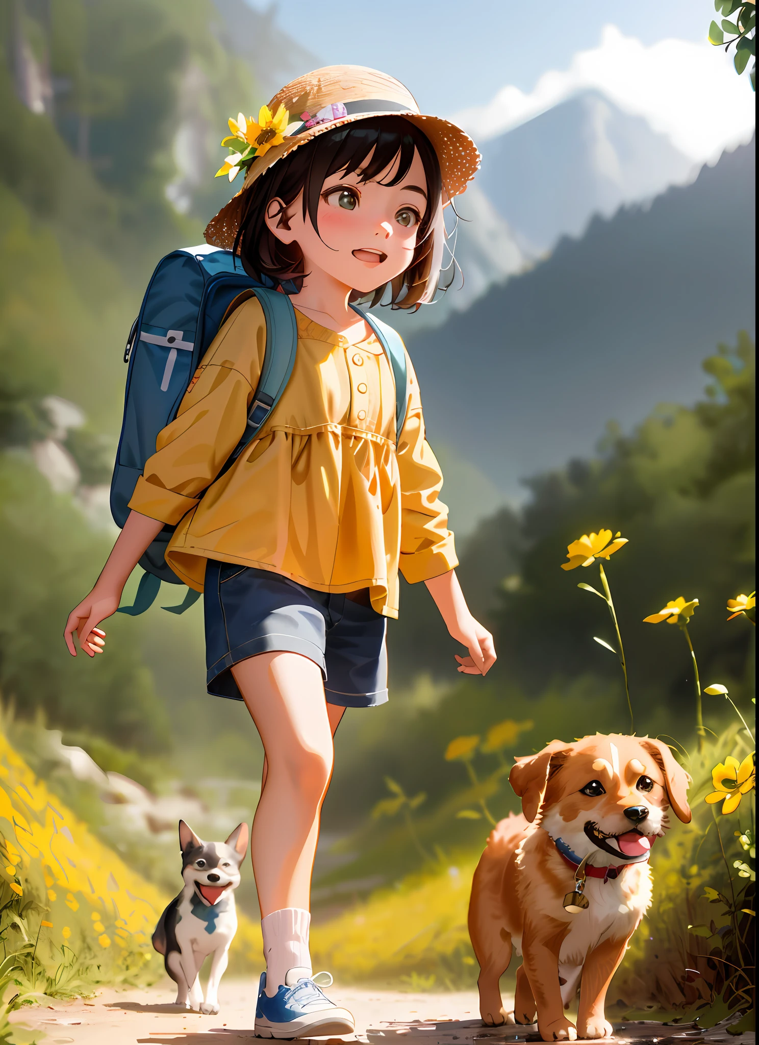 there is a girl walking with a dog on a path, adorable digital painting, childrens art in artstation, artwork in the style of guweiz, cute detailed digital art, atey ghailan 8 k, adventure hyper realistic render, by Leng Mei, realistic anime 3 d style, female explorer mini cute girl, cute digital art, realistic cute girl painting