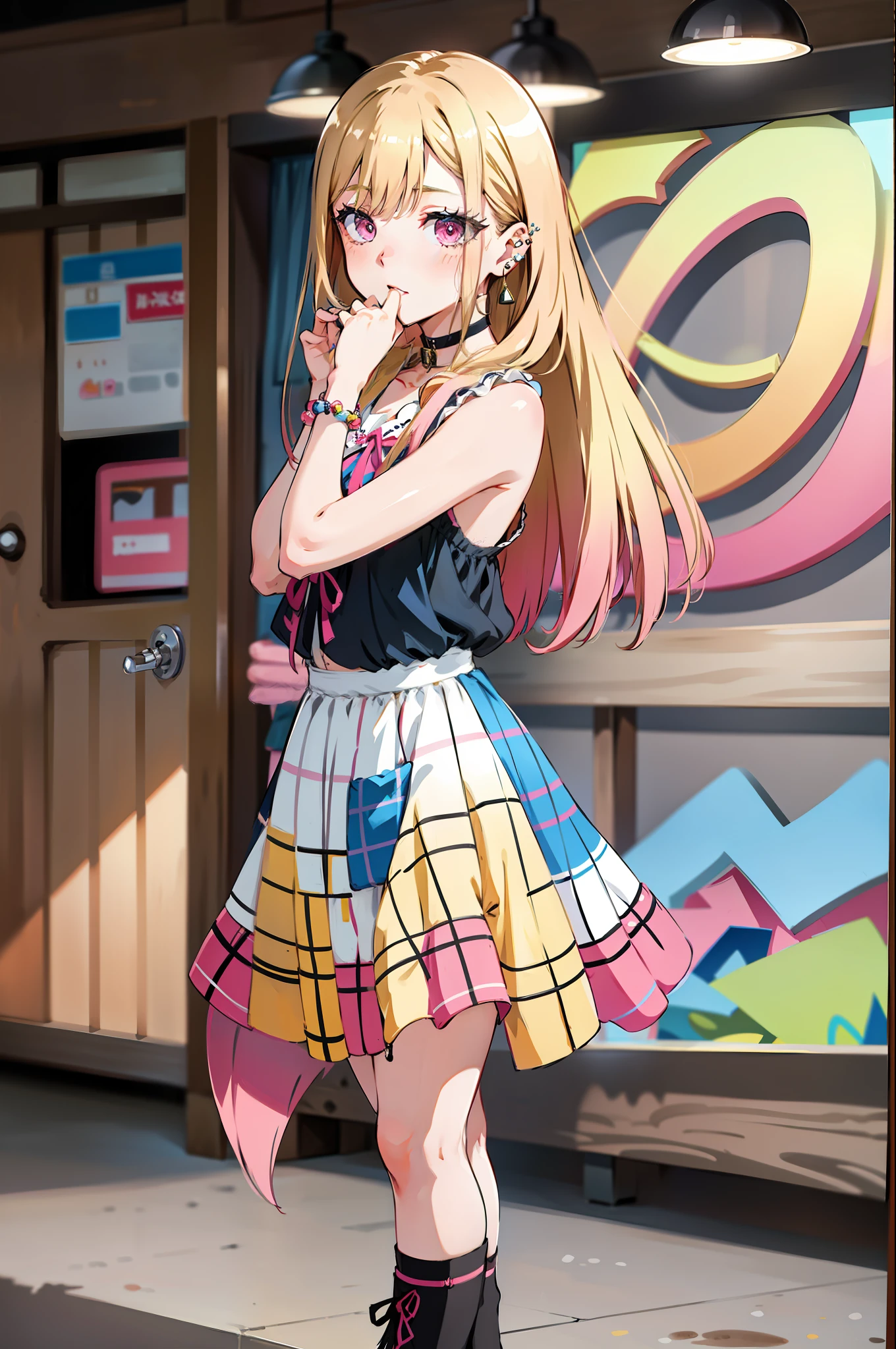 1girl, Marin Kitagawa, long hair, blonde hair, pink eyes, piercing, earrings, ear piercing, stud earrings, black choker, bead bracelet, wrist scrunchie, long fingernails, gyaru, shy, white toe socks, clogs,, (masterpiece:1.2), highres, best quality, 8k, very clear, kitagawa marin,