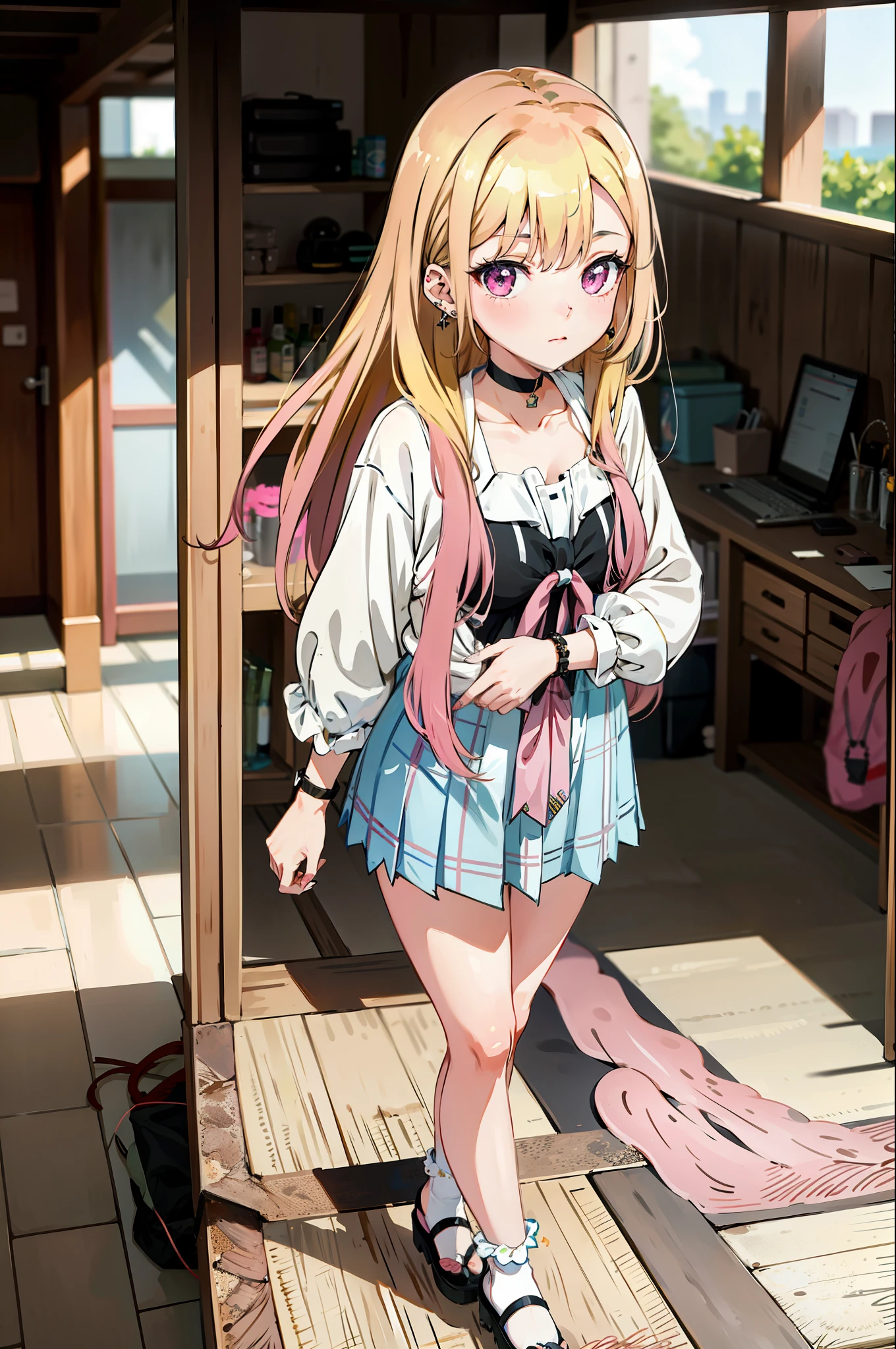 1girl, Marin Kitagawa, long hair, blonde hair, pink eyes, piercing, earrings, ear piercing, stud earrings, black choker, bead bracelet, wrist scrunchie, long fingernails, gyaru, shy, white toe socks, clogs,, (masterpiece:1.2), highres, best quality, 8k, very clear, kitagawa marin,