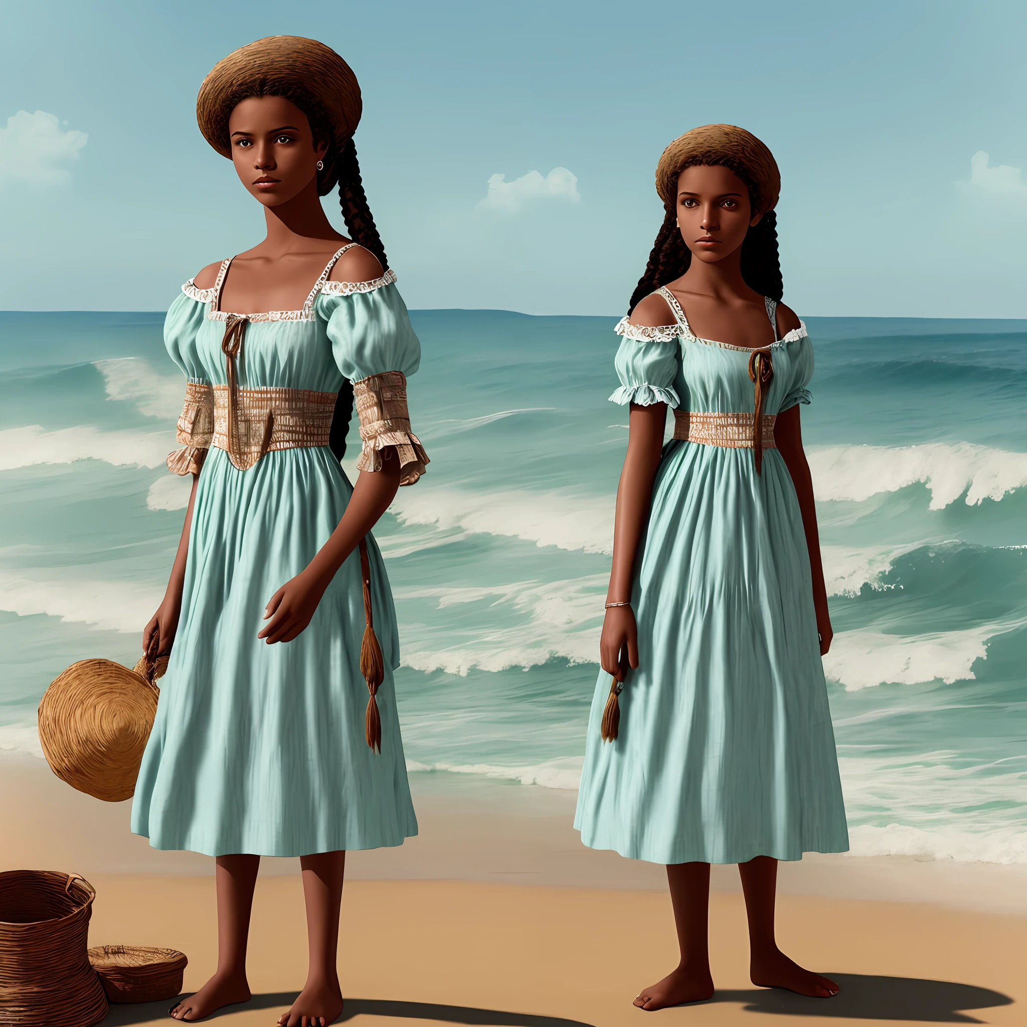 (high quality) Maria Quitéria, the Heroine of Bahia, on a beach in clothes from the 1800s (alone in the images)