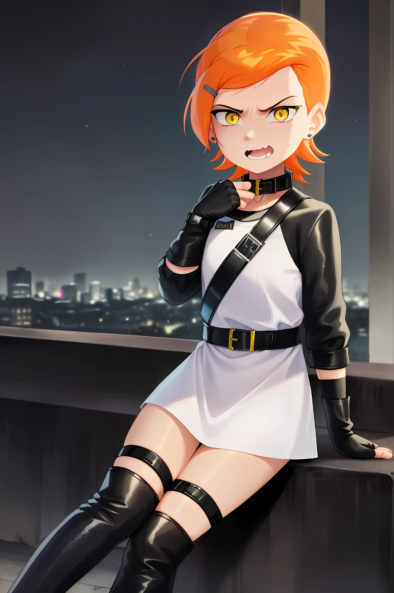 masterpiece, best quality, 1girl, solo, yellow eyes, dark, yellow sclera, glowing eyes, solo, dark, night sky, neon city light, Gwendolyn_tennyson, messy black dress, biker boots, arm length fingerless gloves, short orange hair, blue hairclip, laughing, angry, crazy, messy hair, face closeup