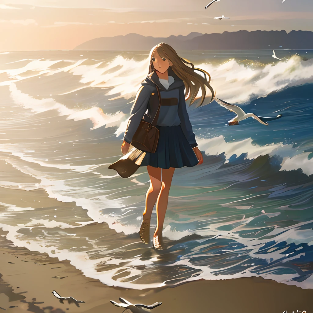 "(((best quality))),(((photorealistic))),illustration,1girl,a girl standing on the beach with waves crashing behind her. Include details such as seagulls flying in the sky and shells scattered on the sand."