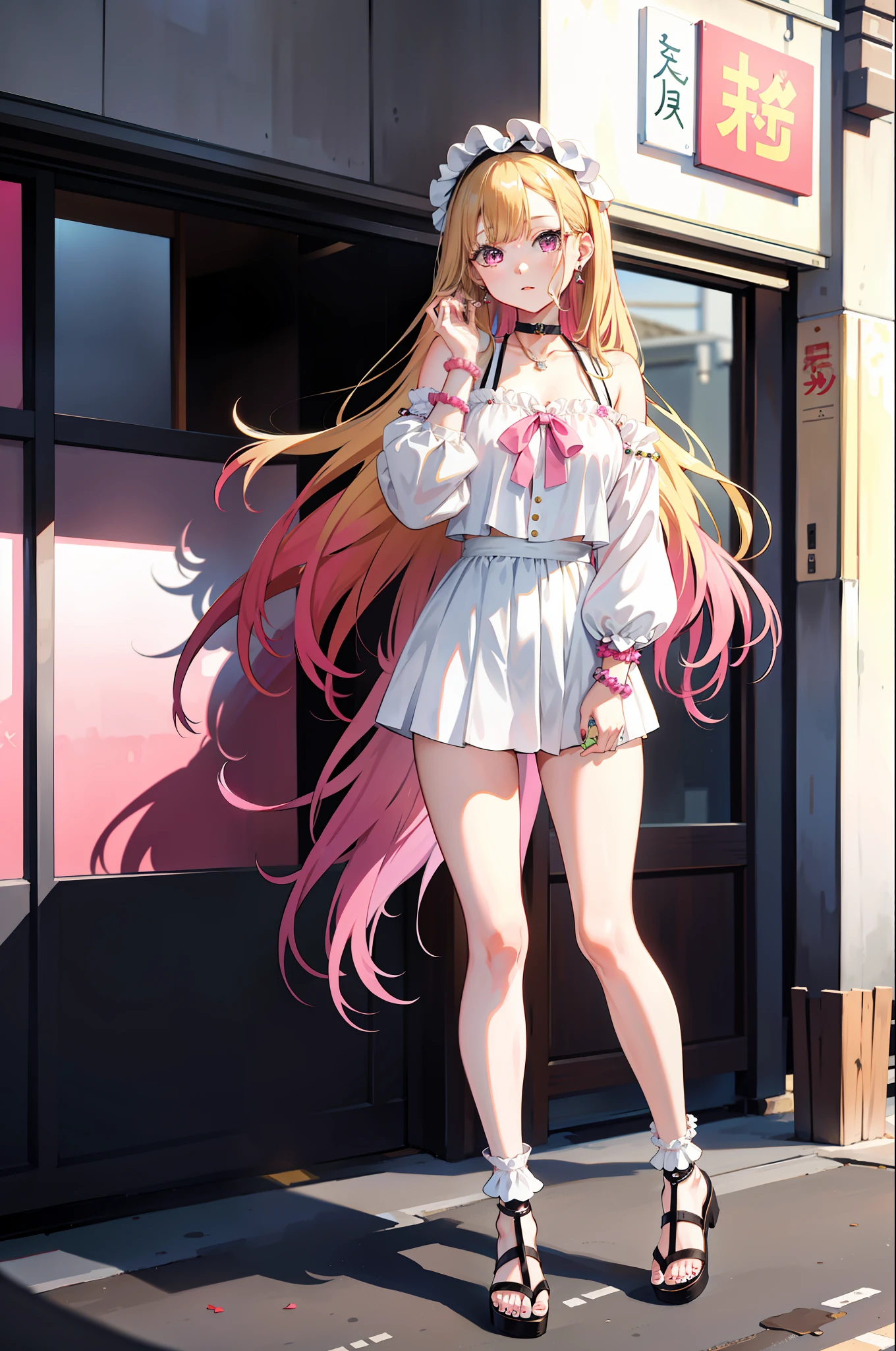 1girl,  Marin Kitagawa, long hair, blonde hair, pink eyes, piercing, earrings, ear piercing, stud earrings, black choker,  bead bracelet, wrist scrunchie, long fingernails, gyaru, shy, white toe socks, clogs,, (masterpiece:1.2), highres, best quality, 8k, very clear, kitagawa marin,