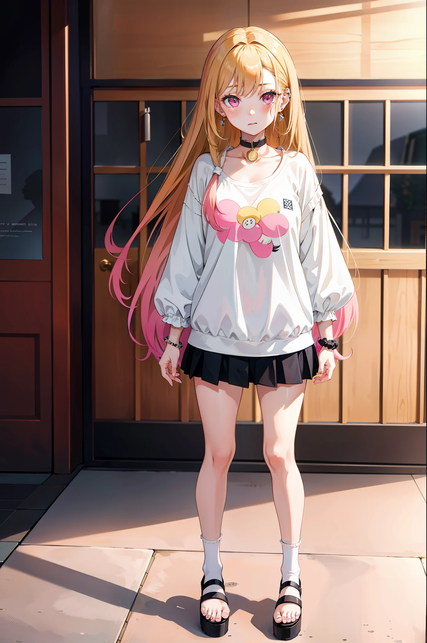 1girl, Marin Kitagawa, long hair, blonde hair, pink eyes, piercing, earrings, ear piercing, stud earrings, black choker, bead bracelet, wrist scrunchie, long fingernails, gyaru, shy, white toe socks, clogs,, (masterpiece:1.2), highres, best quality, 8k, very clear, kitagawa marin,