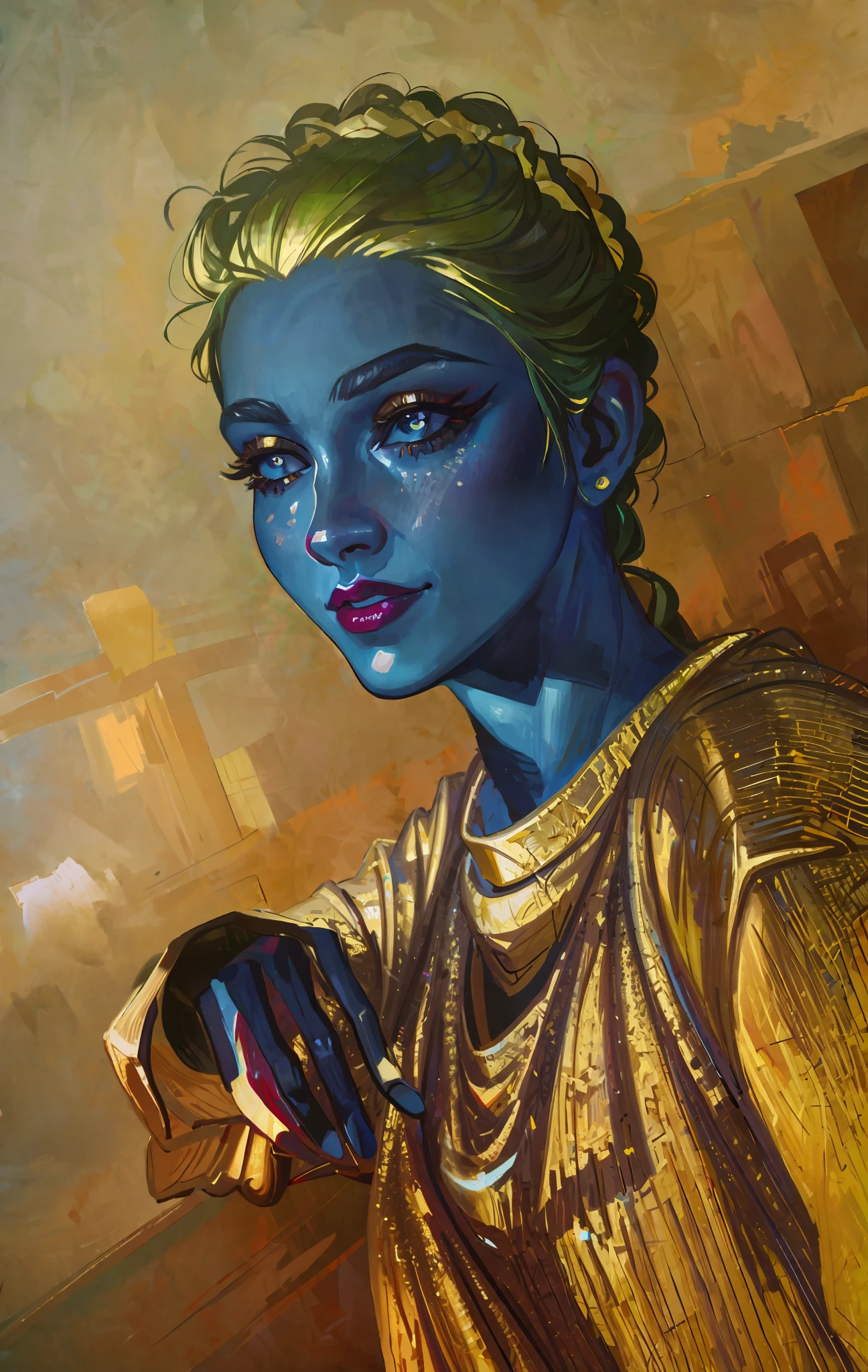 hyper detailed gouache style painting, realistic portrait of gorgeous Tiefling, hyper realistic textures, 8k, best quality, masterpiece, smooth shadows, correct anathomy, expressive painting, magic, obscurity