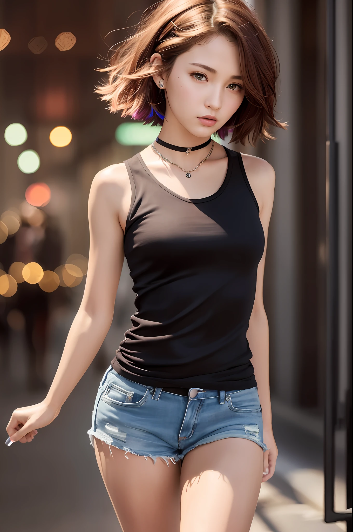 ((Medium, Tomboy, Small Head)), (Perfect Body: 1.1), (Short Wavy Hair: 1.2), Reddish Brown, (NSFW: 1.4), Choker, Chain, Full Body Shot, Crowded City, (Shorts), (Very Elaborate CG 8K Wallpaper), (Very Delicate and Beautiful), (Masterpiece), (Best Quality): 1.0), (Ultra High Definition: 1.0), Beautiful Lighting, Perfect Lightning, Realistic shadows, High Resolution, Detailed skins, Super Detail ((Colorful))