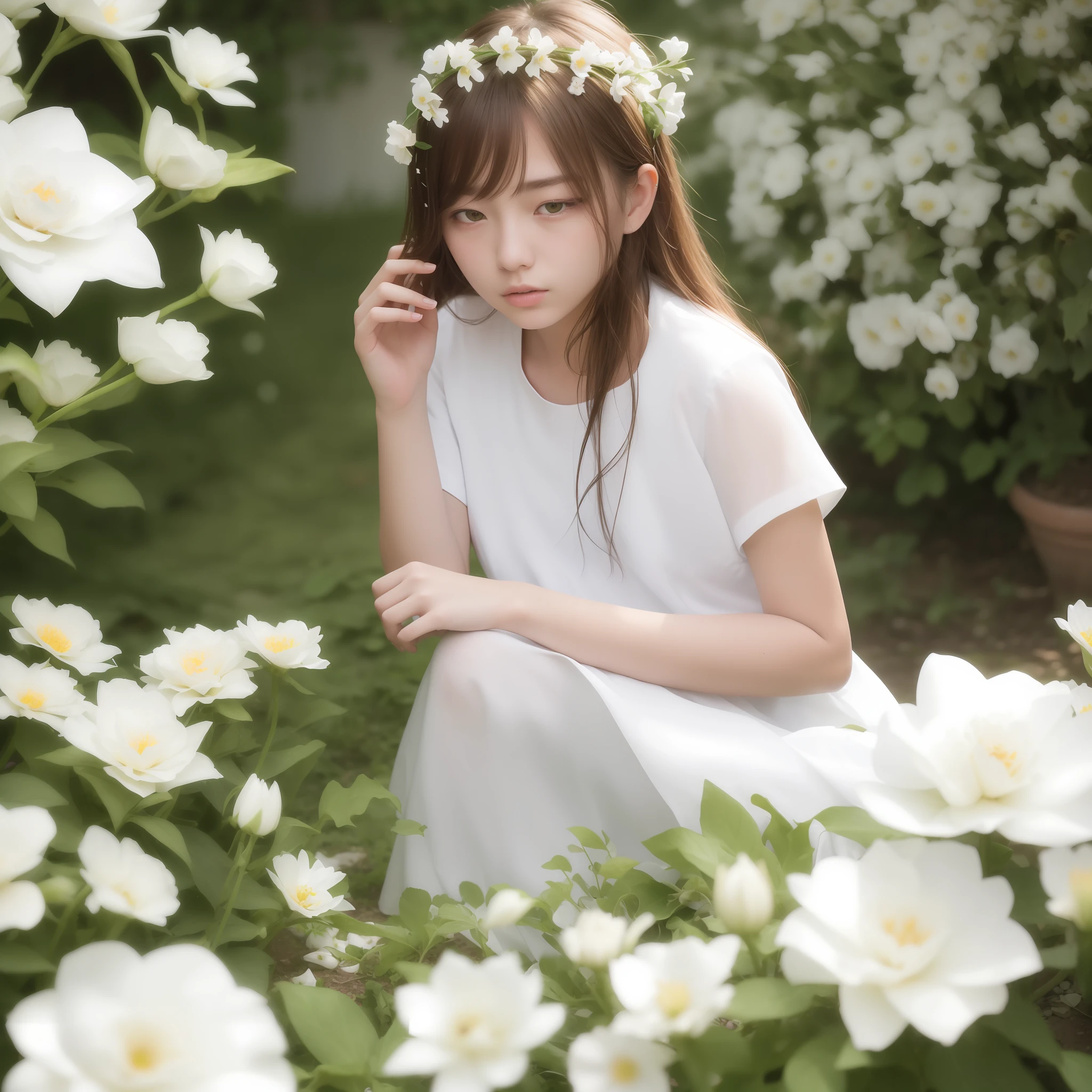 Sad theme , (best quality, masterpiece:1.2), 18yo beautiful girl in garden, white shirt, (white flowers mess in background:1.3), shoot the Sony a7,3.5 mm Lens, f 1.8 apature, lighting glow effect,no retouching,raw photo realistic, skin texture is very detail ,no makeup,