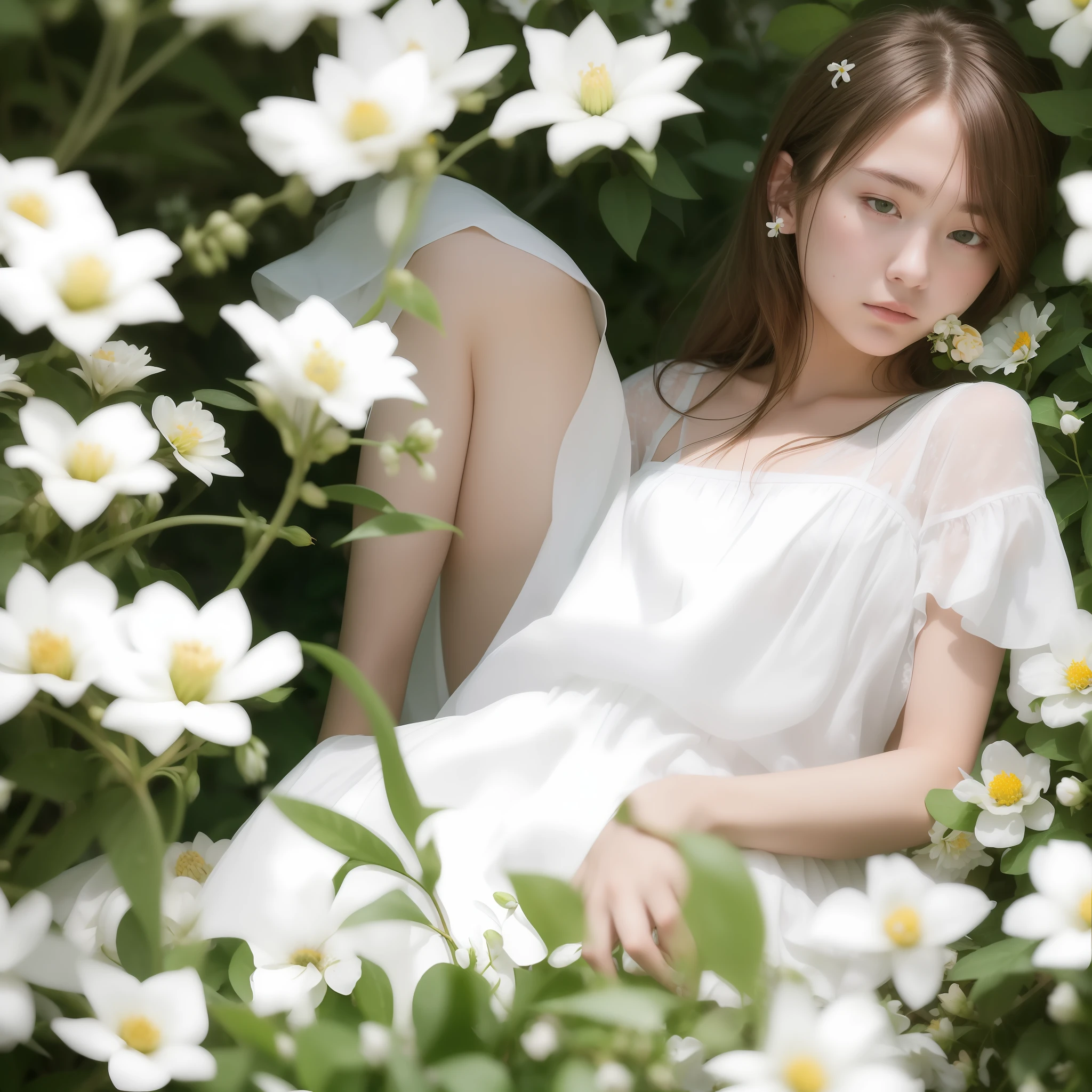 Sad theme , (best quality, masterpiece:1.2), 18yo beautiful girl in garden, white shirt, (white flowers mess in background:1.3), shoot the Sony a7,3.5 mm Lens, f 1.8 apature, lighting glow effect,no retouching,raw photo realistic, skin texture is very detail ,no makeup,