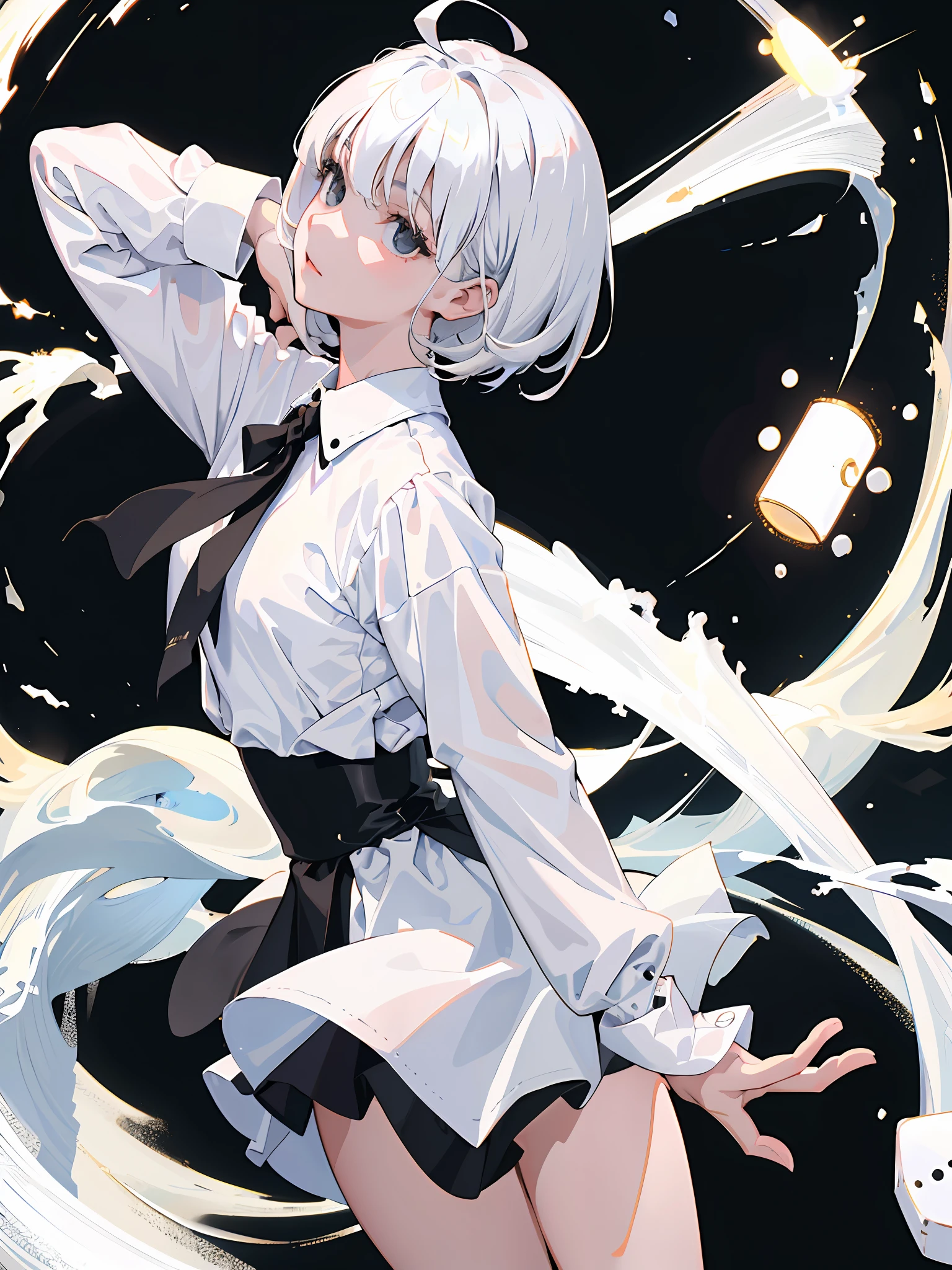 ((masterpiece, best quality)), (1girl), (solo), (female focus), (ahoge, white hair, short hair), black eyes, ((white shirt), (buttoned shirt)), ((black skirt), (short skirt)), standing, white background, behind arms,