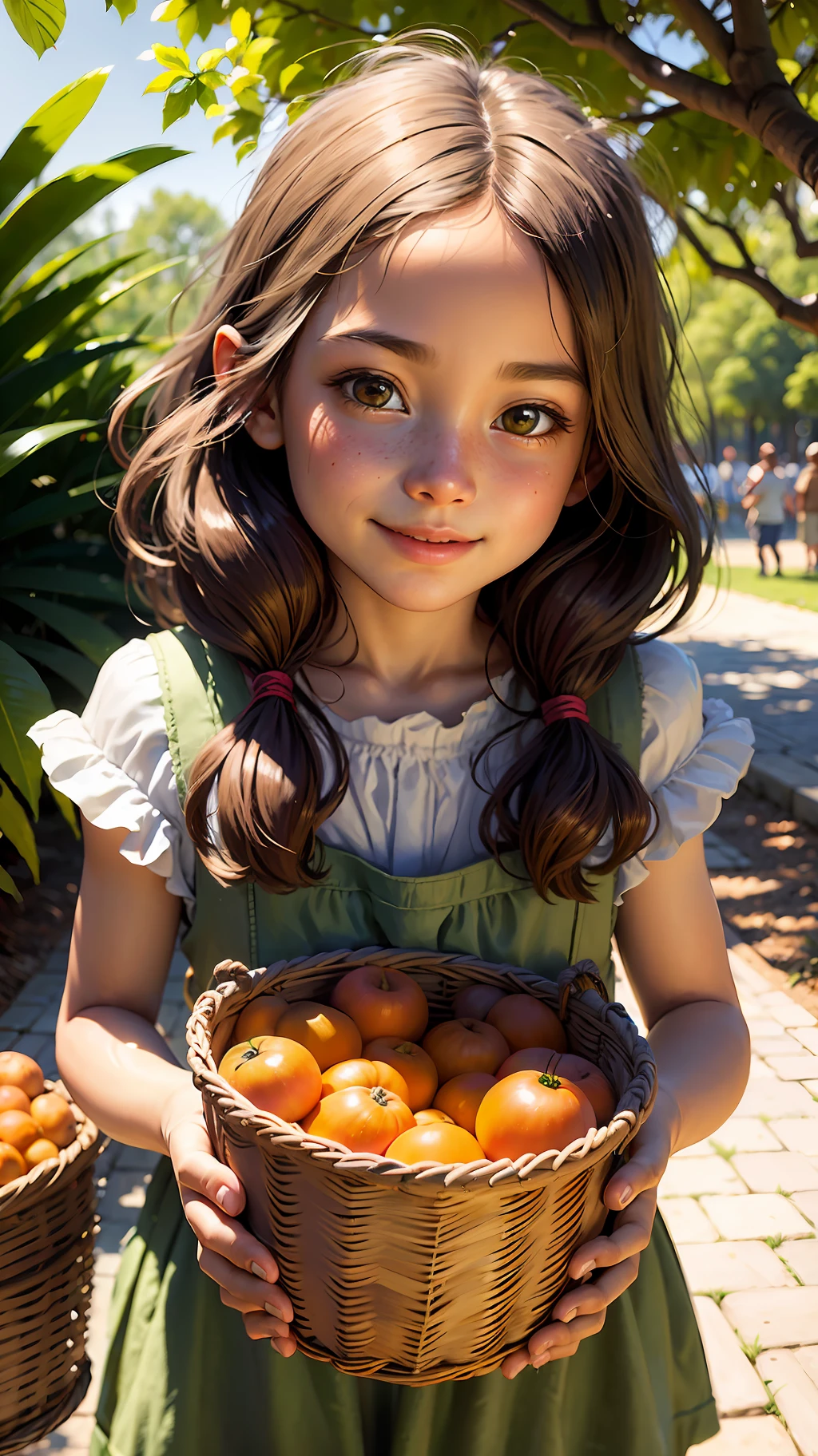 ((Best quality)), ((masterpiece)), ((realistic)), A close-up of a little girl holding a basket of loquats. She is smiling, with bright and lively eyes. The artwork is created using realistic oil painting technique, portraying the girl's delicate skin and vibrant expression. The lighting is soft, creating a warm and natural atmosphere. The artist adopts the style of Leonardo da Vinci, skillfully capturing every detail, including the girl's expression, the texture of the loquats, and the surrounding environment. The entire composition is full of vitality and energy, with vivid and harmonious colors, showcasing the beauty and innocence of the little girl.