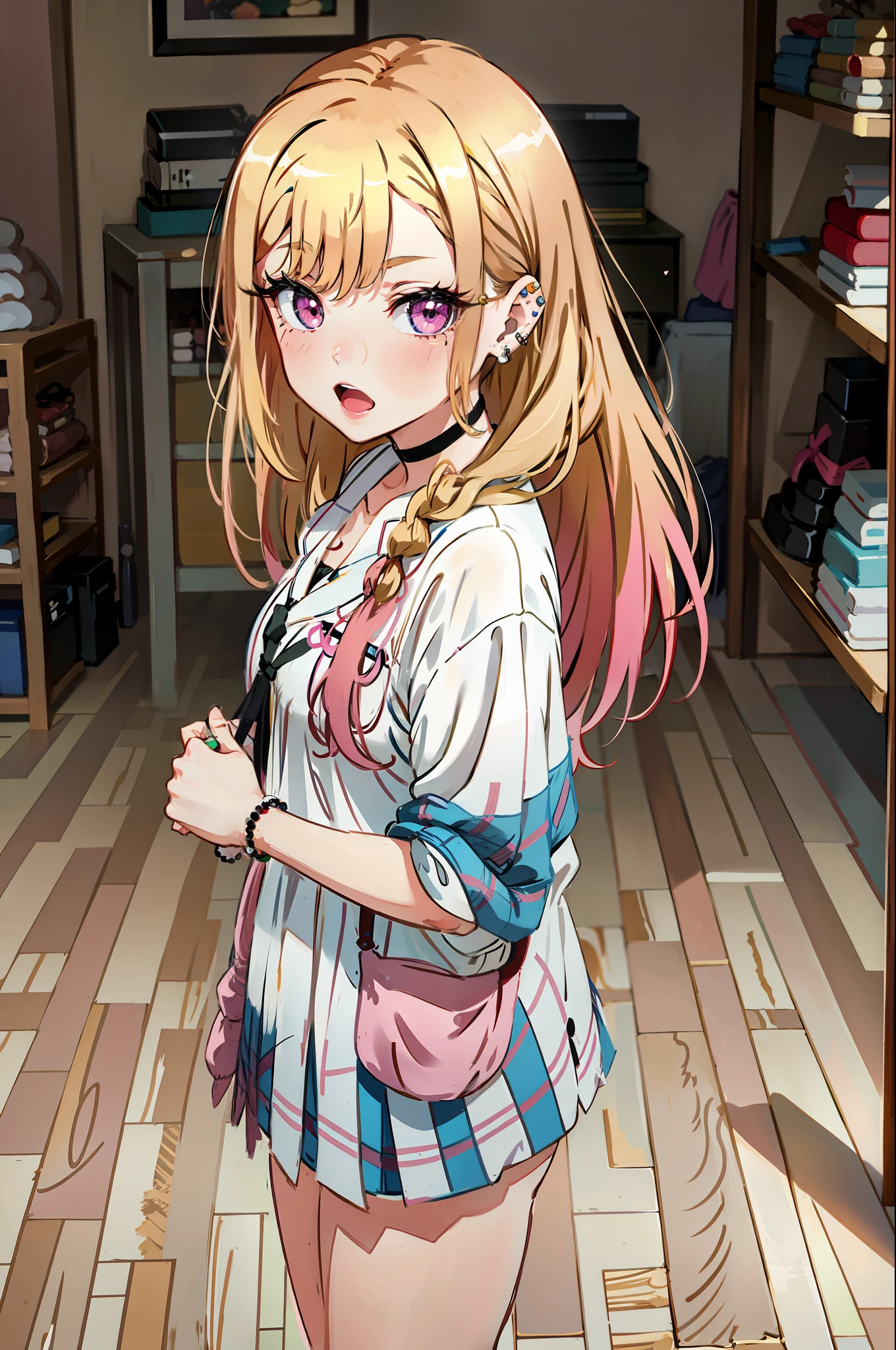 1girl,  Marin Kitagawa, long hair, blonde hair, pink eyes, piercing, earrings, ear piercing, stud earrings, black choker,  bead bracelet, wrist scrunchie, long fingernails, gyaru, shy, white toe socks, clogs,, (masterpiece:1.2), highres, best quality, 8k, very clear, kitagawa marin, yukata, maid,