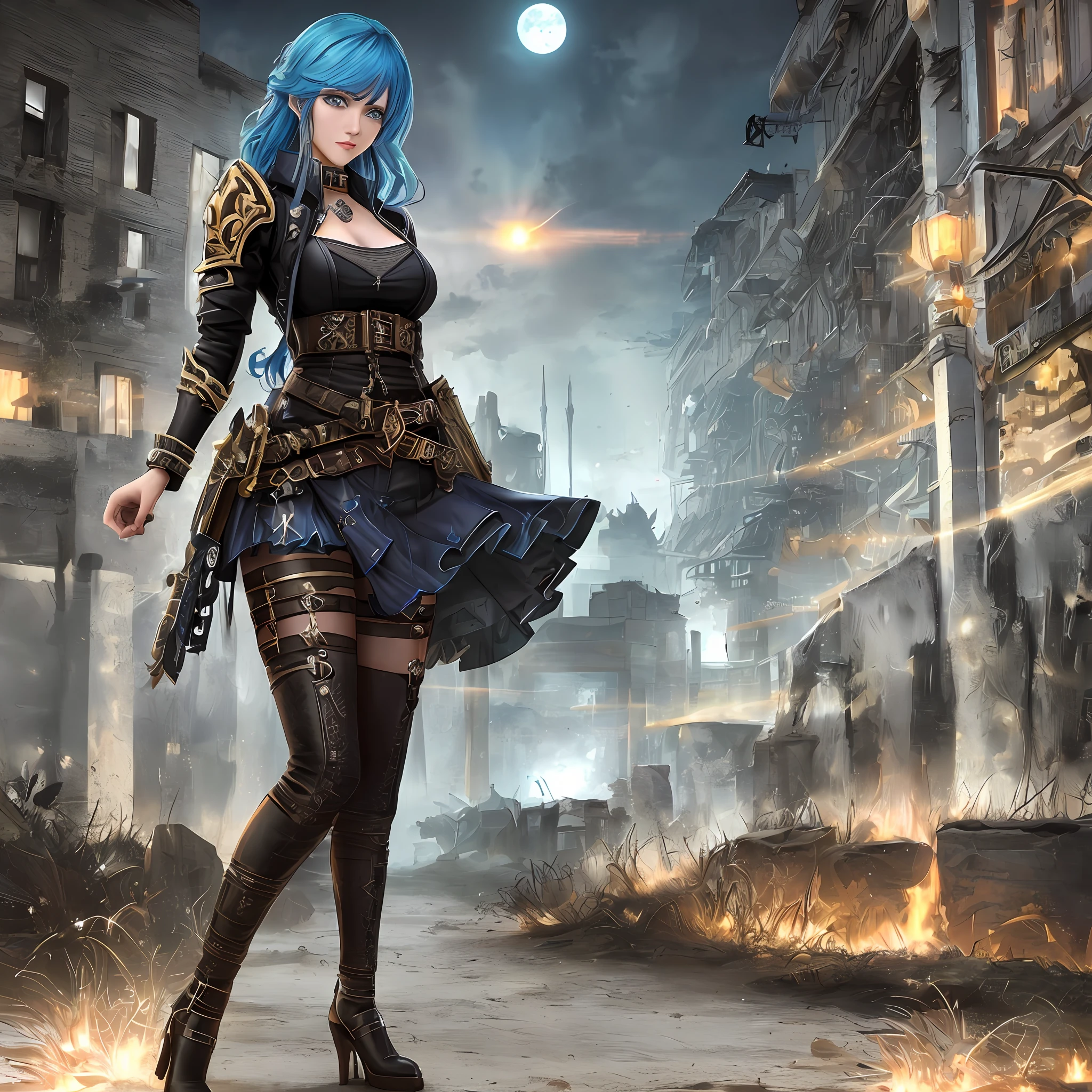 extremely detailed beautiful Gabrielle Garcia, full body length, some scars on her perfect face, hair cascading in loose waves up to her small waist, an impressive 30-year-old realistic photograph, fire-colored blue hair, blue eyes, extremely detailed unzipped, biker outfit, high heels, she is in the ancient necripolis town of Stratholme located in the desolate and haunted land contaminated by plague and war,  where decay and darkness reign, imposing posture, metal details on jacket, cut, witchblade references, full moon, sister of battle elements, UFO lights in the sky, facehuger walking nearby, some chaos in the environment, hyperdetailed, octane render, shadow and light active, lighting bar, complex, resolution 8k hypereallistic cover photo erte .12k, intricate. definition of hit, maximum detail, extreme cinematicism, mixture of bold dark lines and loose lines,{{{{Whole body}}}}.