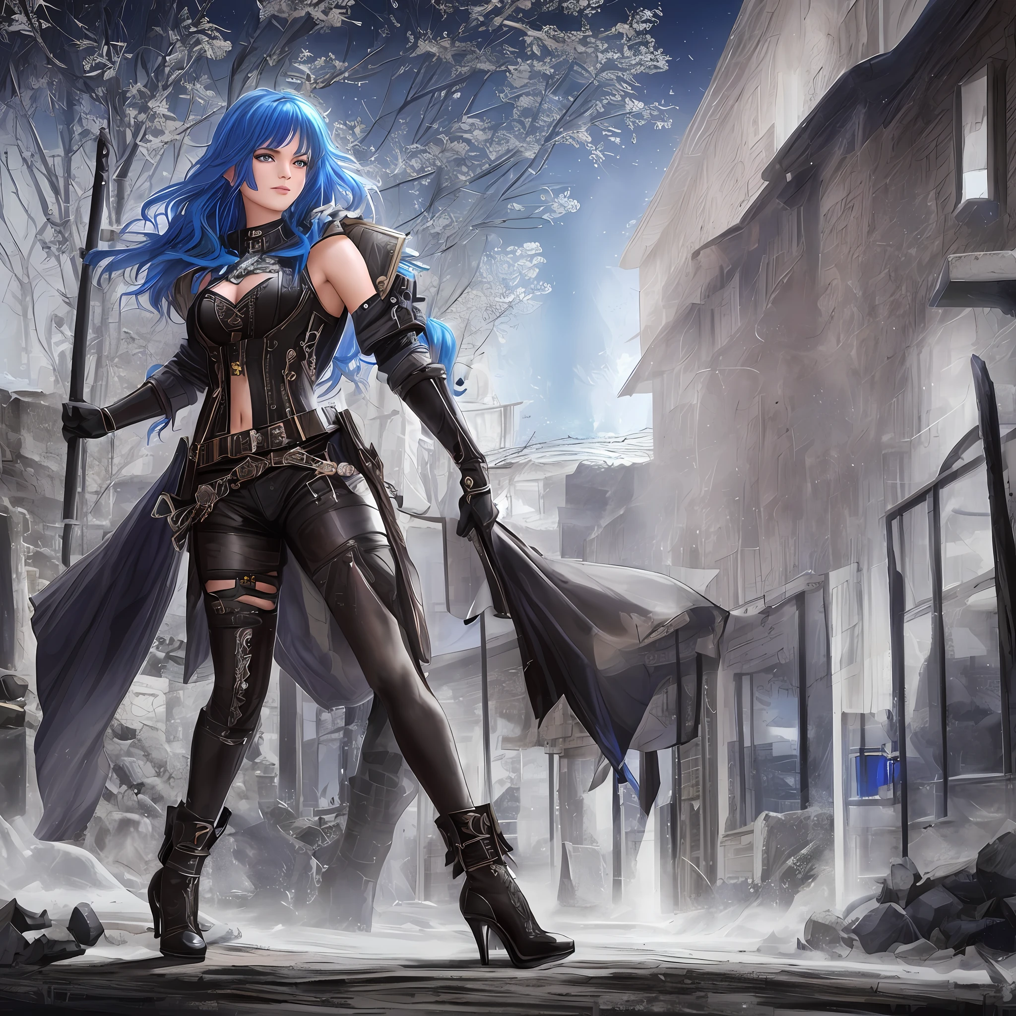 extremely detailed beautiful Gabrielle Garcia, full body length, some scars on her perfect face, hair cascading in loose waves up to her small waist, an impressive 30-year-old realistic photograph, fire-colored blue hair, blue eyes, extremely detailed unzipped, biker outfit, high heels, she is in the ancient necripolis town of Stratholme located in the desolate and haunted land contaminated by plague and war,  where decay and darkness reign, imposing posture, metal details on jacket, cut, witchblade references, full moon, sister of battle elements, UFO lights in the sky, facehuger walking nearby, some chaos in the environment, hyperdetailed, octane render, shadow and light active, lighting bar, complex, resolution 8k hypereallistic cover photo erte .12k, intricate. definition of hit, maximum detail, extreme cinematicism, mixture of bold dark lines and loose lines,{{{{Whole body}}}}.