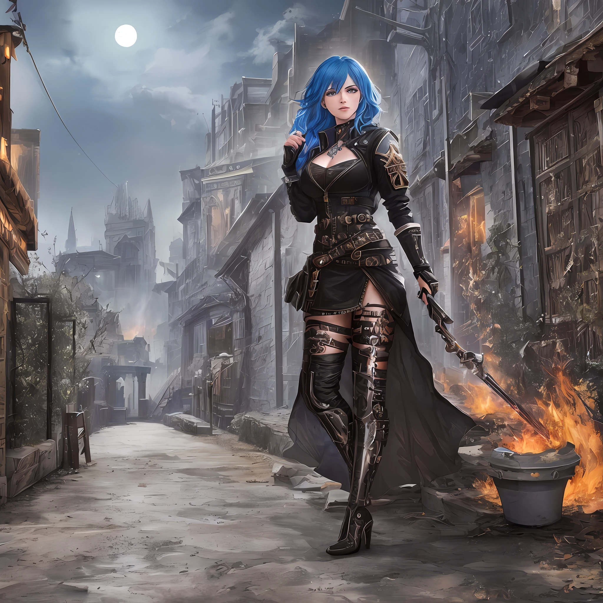 extremely detailed beautiful Gabrielle Garcia, full body length, some scars on her perfect face, hair cascading in loose waves up to her small waist, an impressive 30-year-old realistic photograph, fire-colored blue hair, blue eyes, extremely detailed unzipped, biker outfit, high heels, she is in the ancient necripolis town of Stratholme located in the desolate and haunted land contaminated by plague and war, where decay and darkness reign, imposing posture, metal details on jacket, cut, witchblade references, full moon, sister of battle elements, UFO lights in the sky, facehuger walking nearby, some chaos in the environment, hyperdetailed, octane render, shadow and light active, lighting bar, complex, resolution 8k hypereallistic cover photo erte .12k, intricate. definition of hit, maximum detail, extreme cinematicism, mixture of bold dark lines and loose lines,{{{{Whole body}}}}.