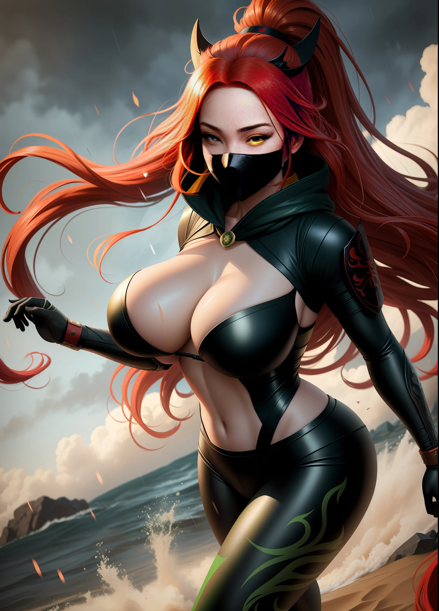 Full body image of 1 Female ninja costume, Gigantic Breasts, (long red hair, movement in the wind) and (green eyes), she is wearing Hannya Mask, covering her whole face, looking at the viewer, well defined and uniform body , she is in a Japanese battlefield of the Ninja feudal period, raining, her body is all wet, Unreal Engine 5, Tokusatsu, masterpiece, 16k, award winning, best quality, high details, textured skin, UHD, masterpiece, anatomically correct