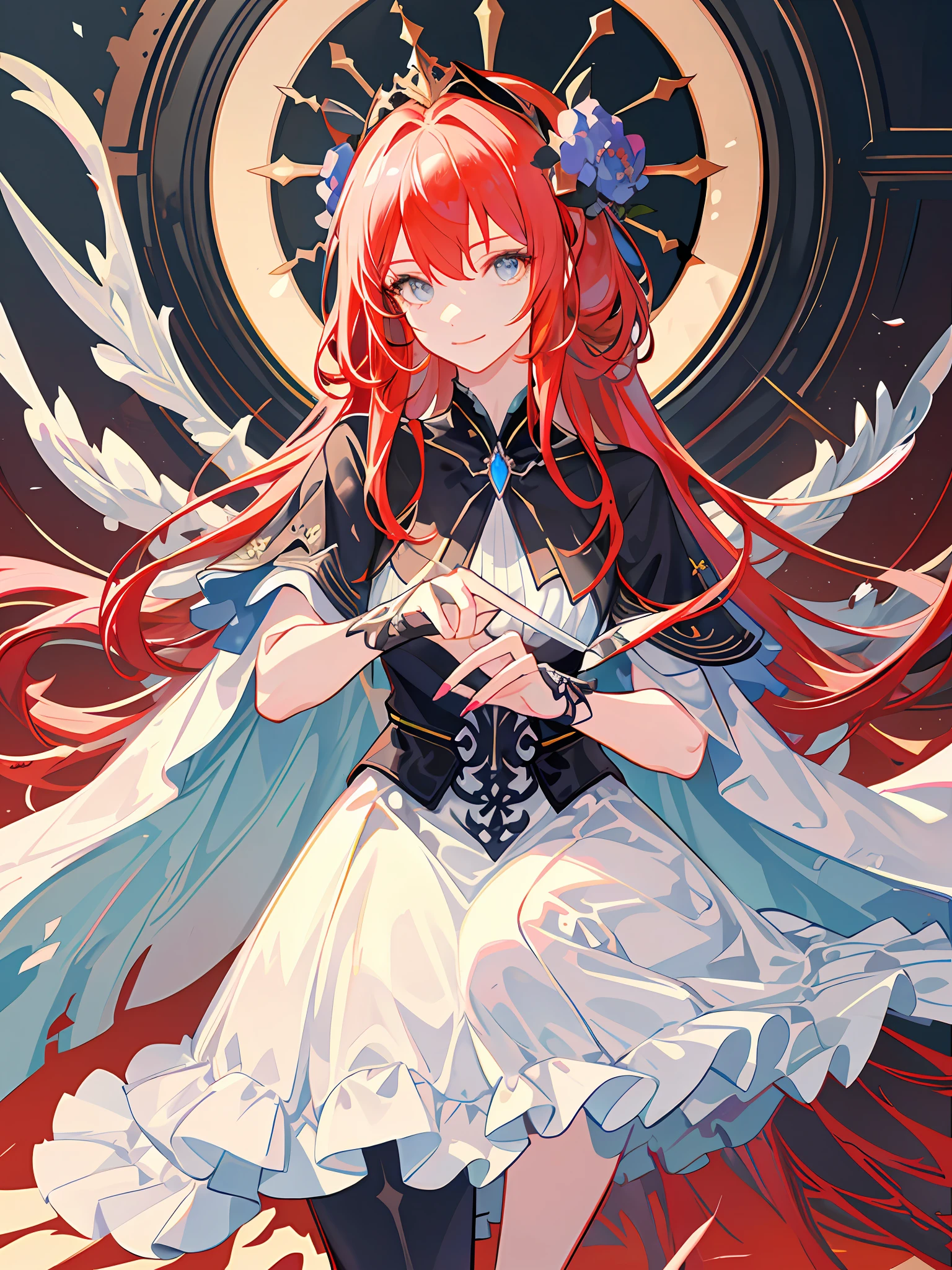 masterpiece,best quality,best quality,Amazing,beautiful detailed eyes,1girl,fine detail,Depth offield,extremely detailed CG unity 8k wallpaper,masterpiece,upper body, Red hair, streaked hair,palace, holy , white floor length slit dress, mature woman, standing, mid bust, silver headdress, smiling, black high heels, extra long hair, body turned to one side, jewelry, blue flowers in hair, gray eyes, close up