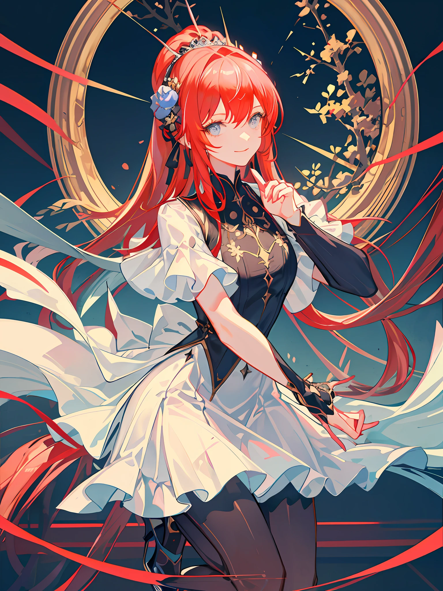 masterpiece,best quality,best quality,Amazing,beautiful detailed eyes,1girl,fine detail,Depth offield,extremely detailed CG unity 8k wallpaper,masterpiece,upper body, Red hair, streaked hair,palace, holy , white floor length slit dress, mature woman, standing, mid bust, silver headdress, smiling, black high heels, extra long hair, body turned to one side, jewelry, blue flowers in hair, gray eyes, close up
