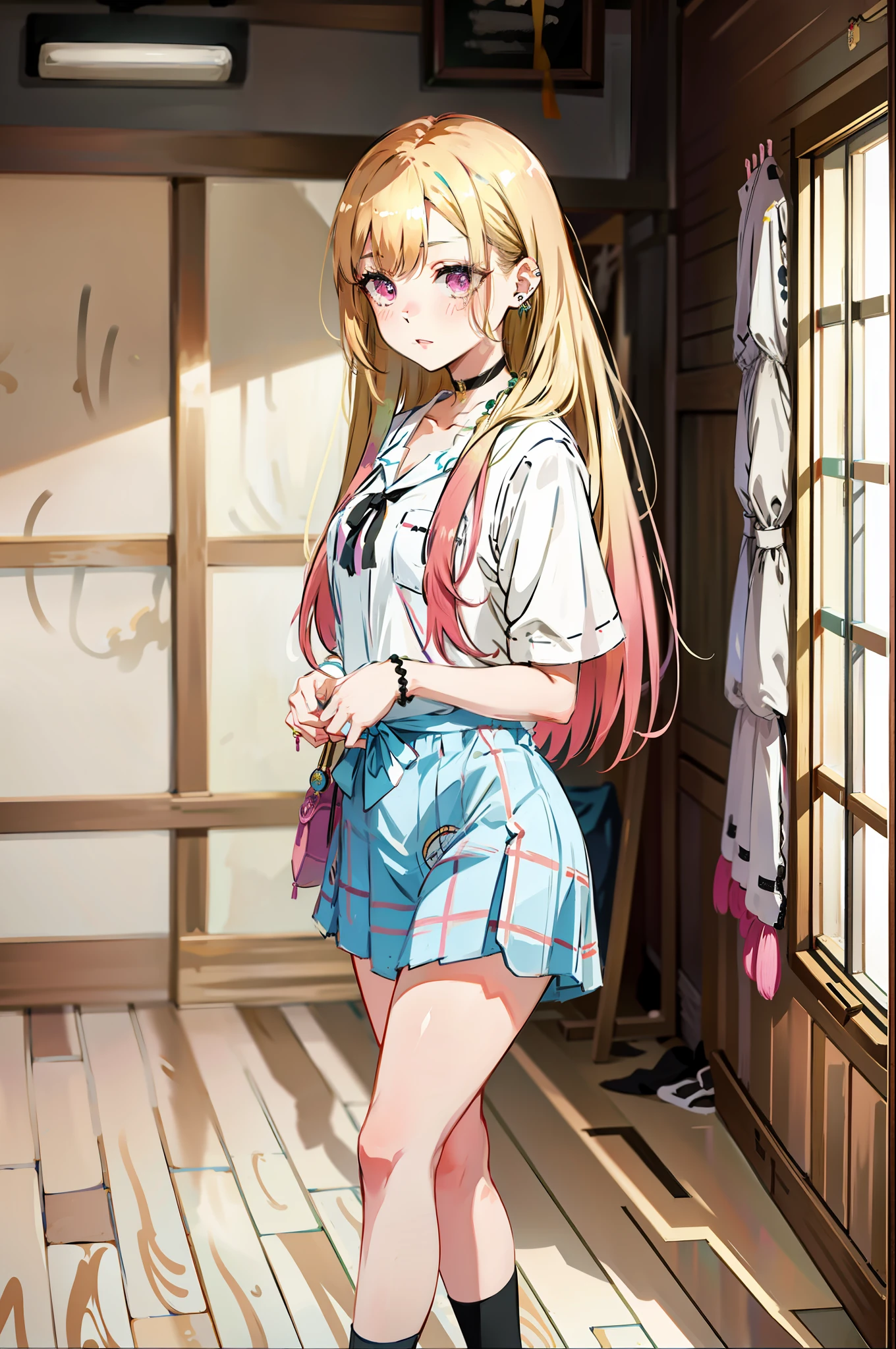 1girl, Marin Kitagawa, long hair, blonde hair, pink eyes, piercing, earrings, ear piercing, stud earrings, black choker, bead bracelet, wrist scrunchie, long fingernails, gyaru, shy, white toe socks, clogs,, (masterpiece:1.2), highres, best quality, 8k, very clear, kitagawa marin, yukata, maid,